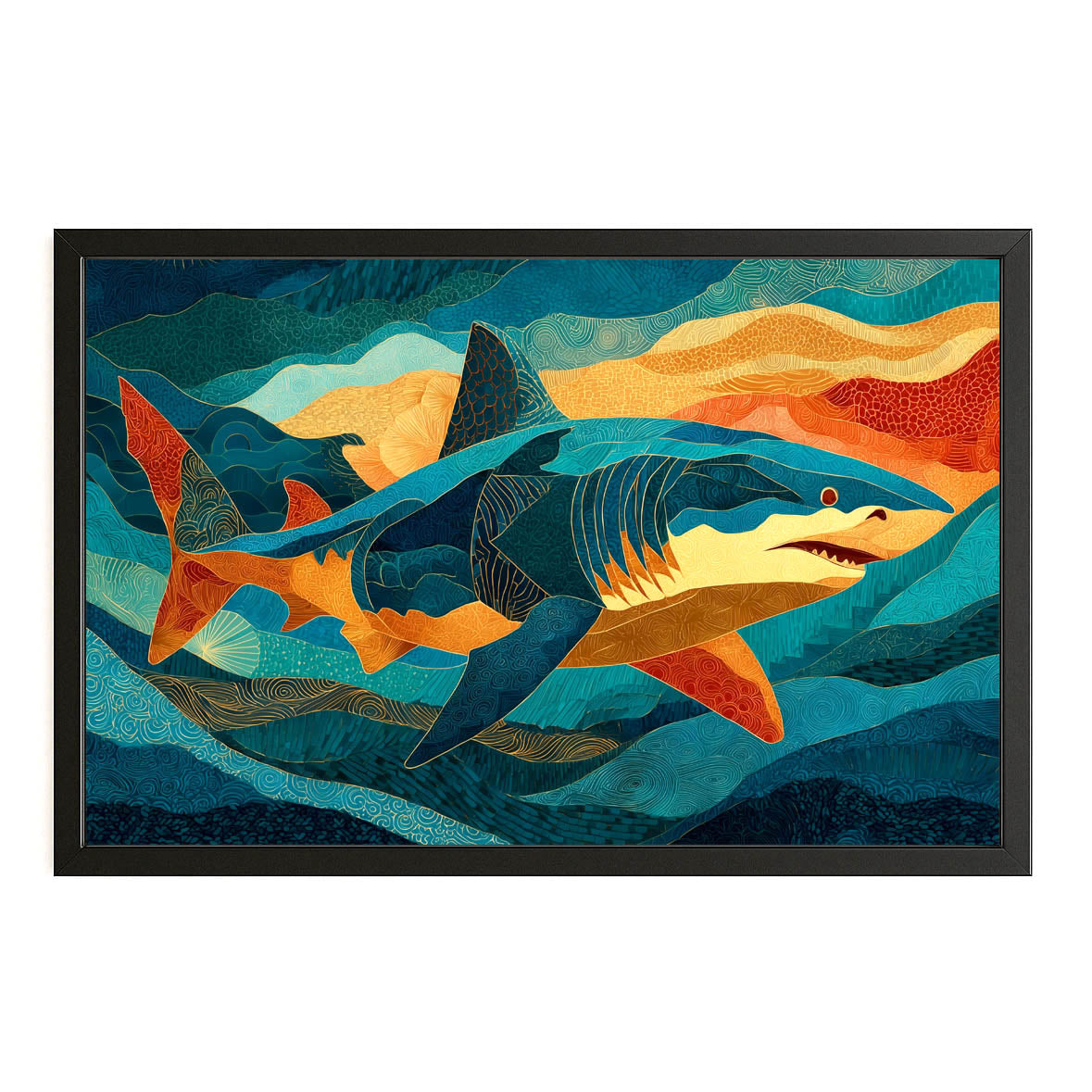 Teal Abstract Shark Wall Art – with Premium Black frame on white background
