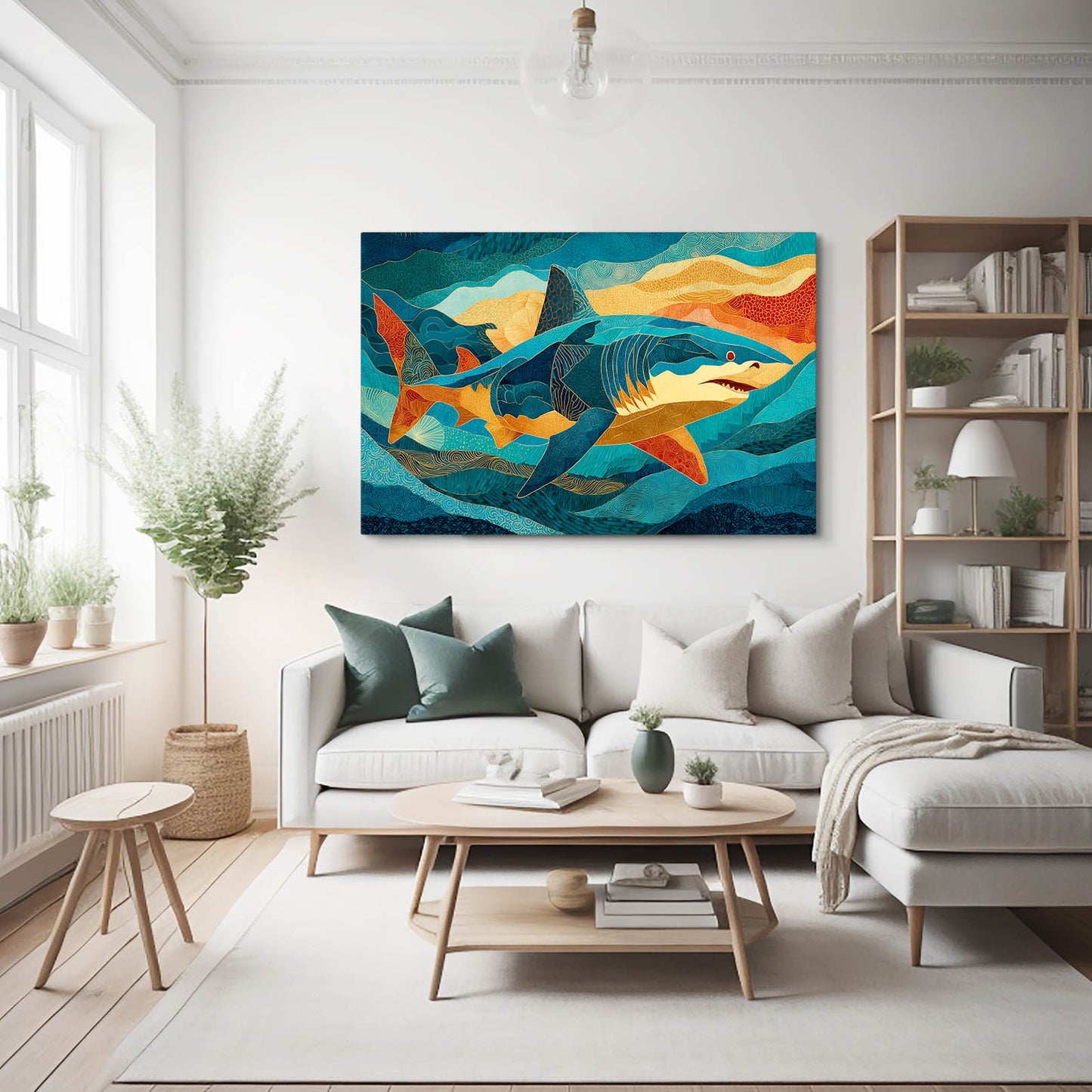 Teal Abstract Shark Wall Art – styled in a furnished interior