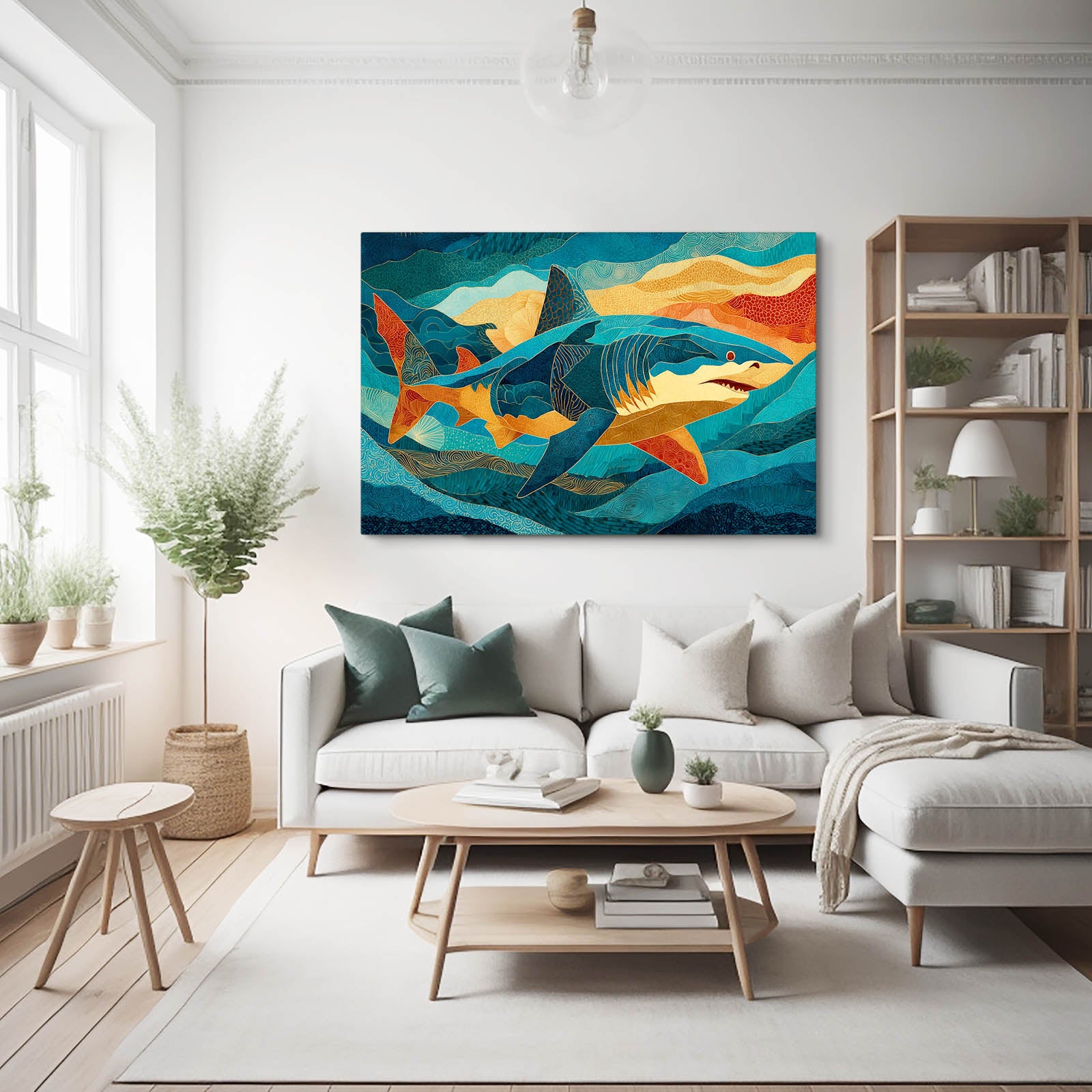 Teal Abstract Shark Wall Art – styled in a furnished interior