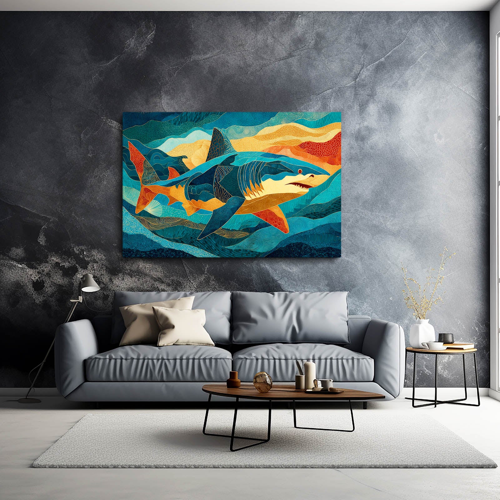 Teal Abstract Shark Wall Art – styled in a furnished interior