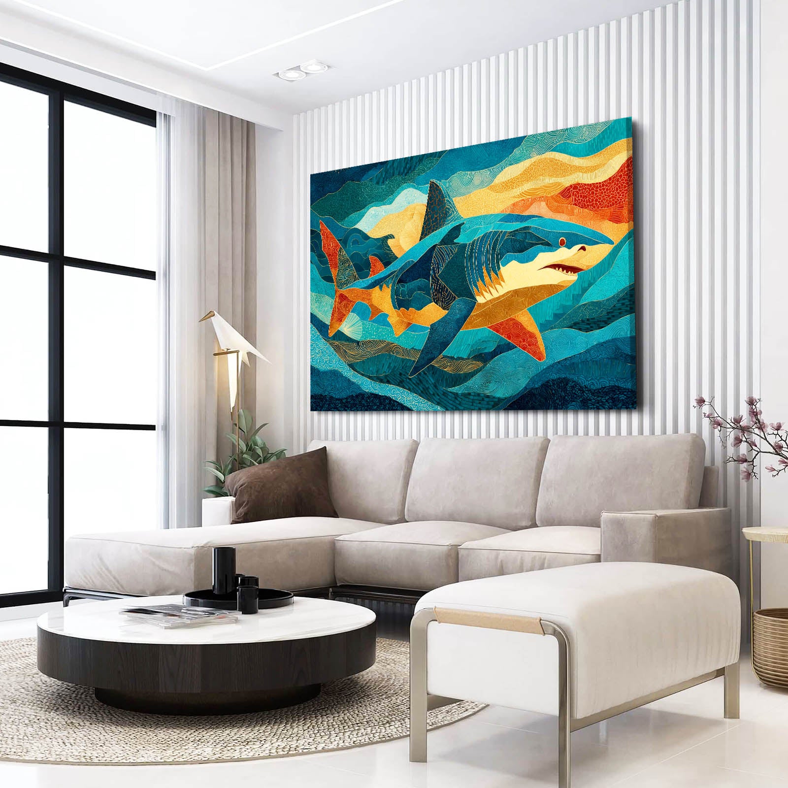 Teal Abstract Shark Wall Art – styled in a furnished interior