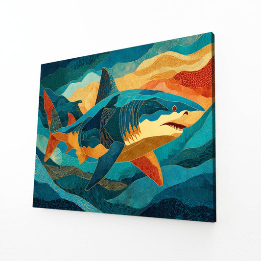 Teal Abstract Shark Wall Art – angled canvas view on white background