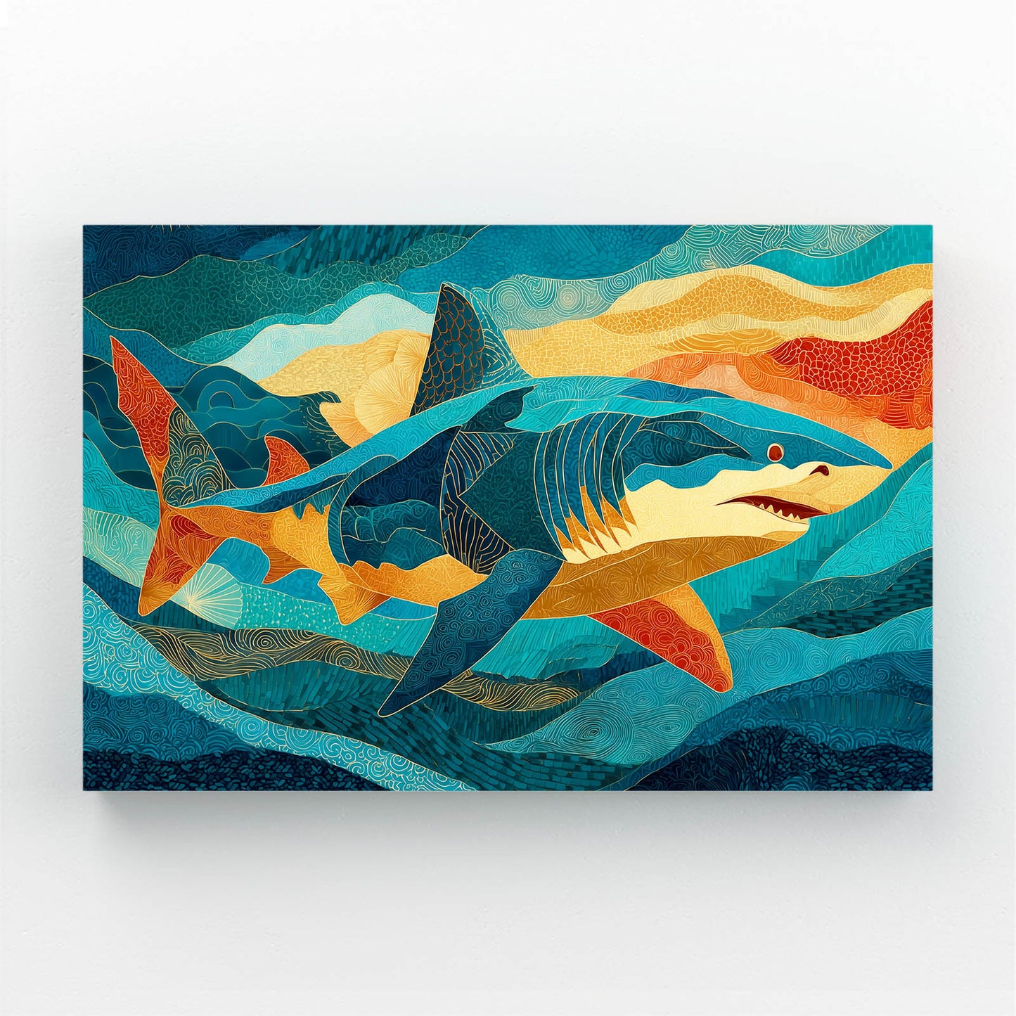 Teal Abstract Shark Wall Art – canvas print on white background