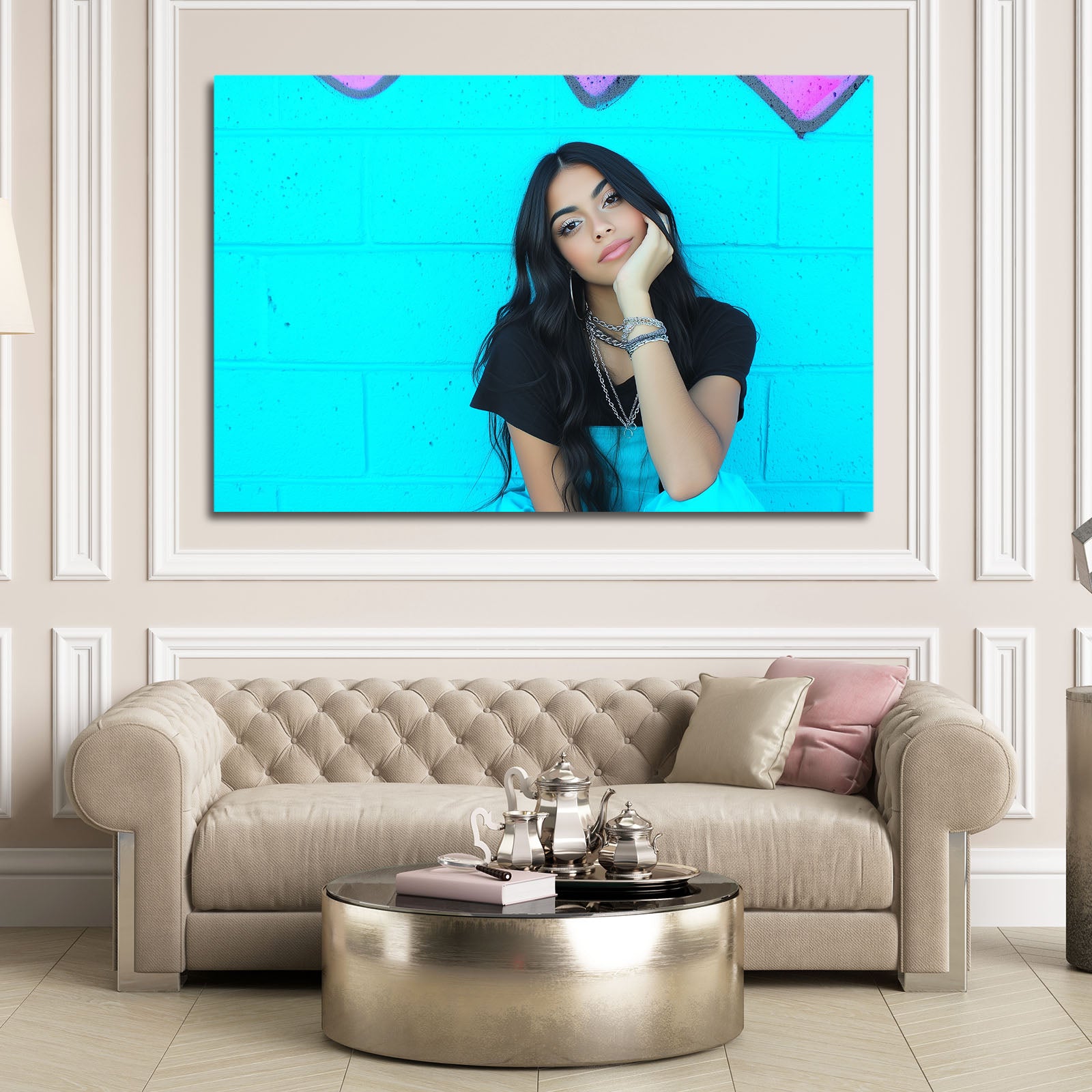 Teal Backdrop Portrait Photography Prints – styled in a furnished interior