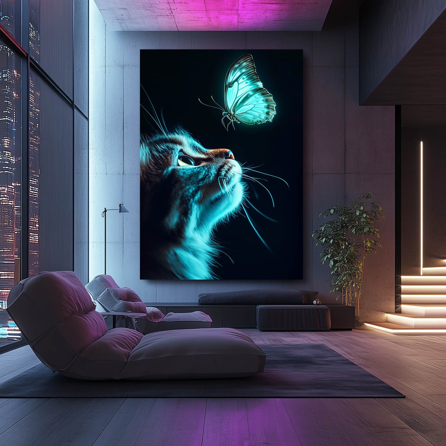 Teal Butterfly Glow Cat Wall Decor — contemporary canvas print, styled in a furnished interior
