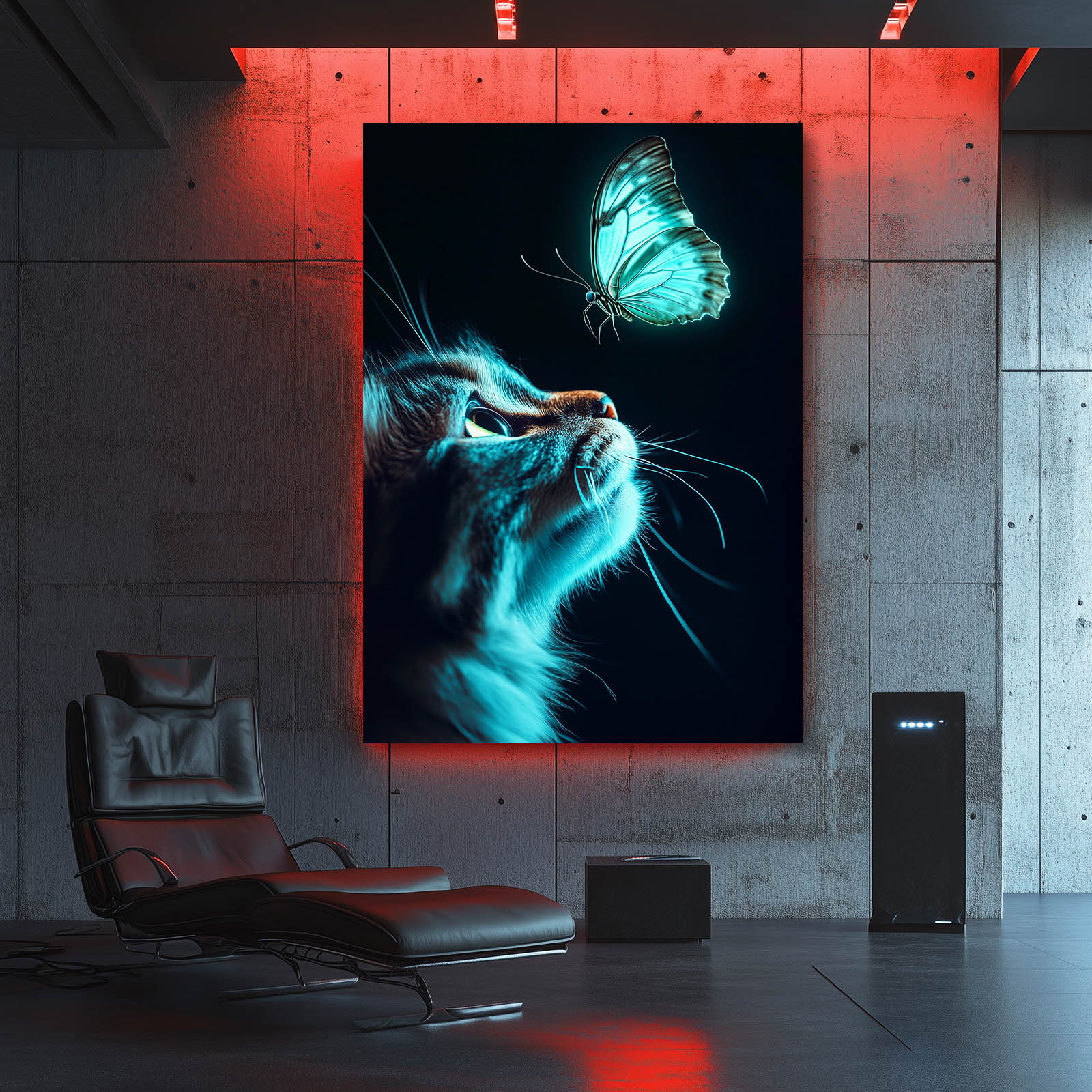 Teal Butterfly Glow Cat Wall Decor — contemporary canvas print, styled in a furnished interior