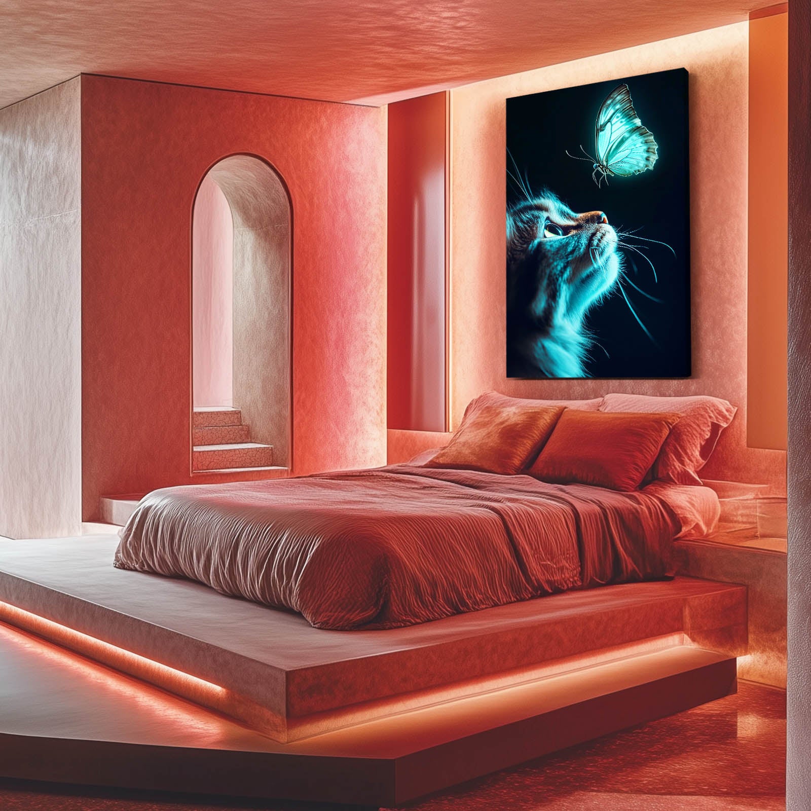Teal Butterfly Glow Cat Wall Decor — contemporary canvas print, styled in a furnished interior