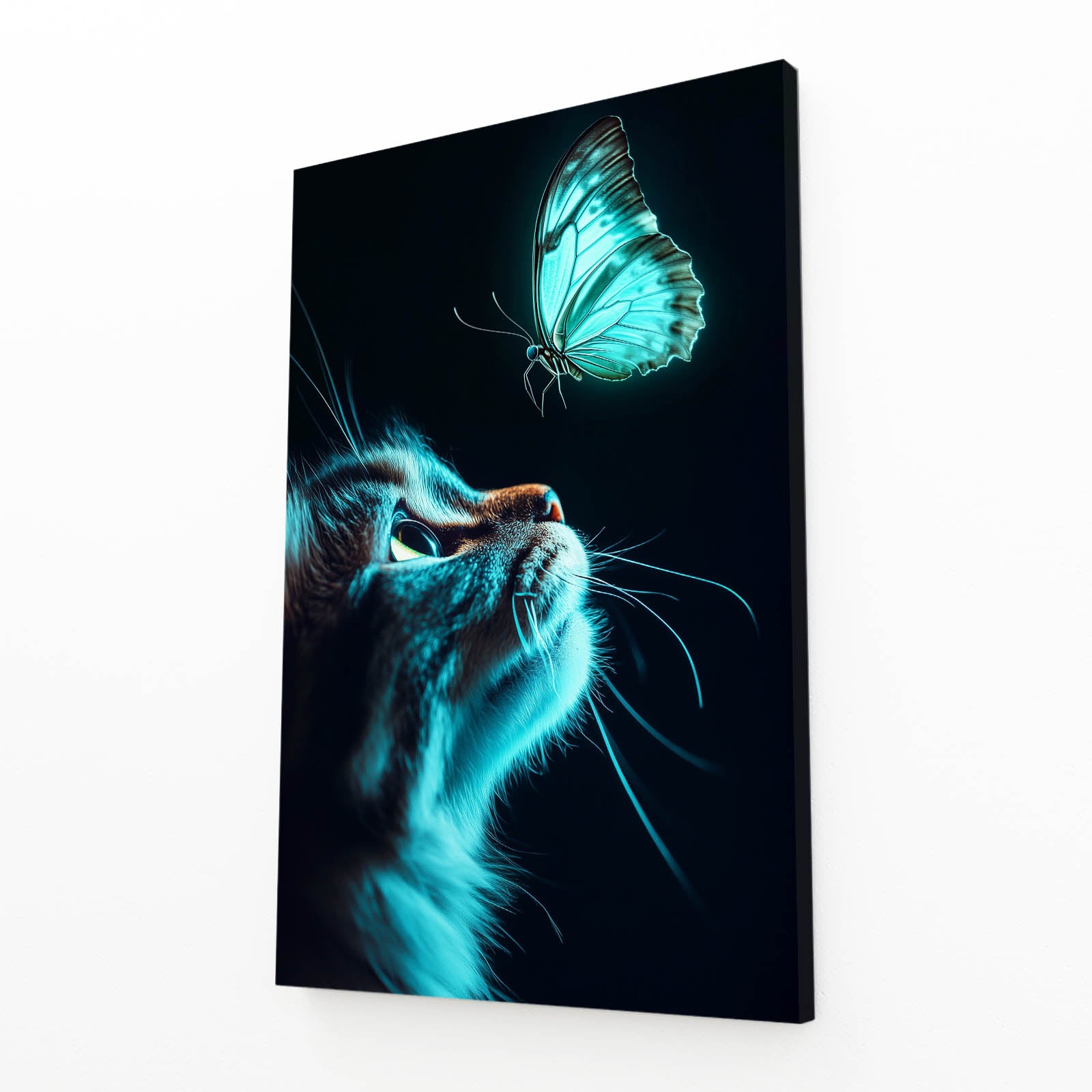 Teal Butterfly Glow Cat Wall Decor — contemporary canvas print, angled canvas view on white background