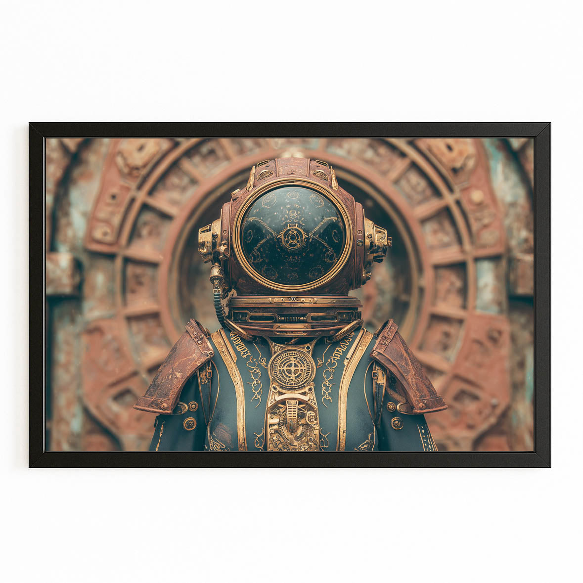 Teal Diving Helmet Steampunk Wall Decor – with Premium Black frame on white background