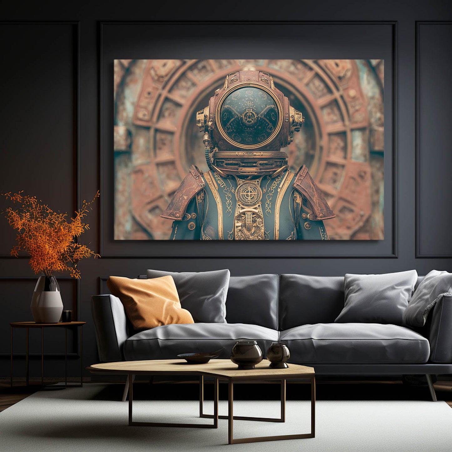 Teal Diving Helmet Steampunk Wall Decor – styled in a furnished interior