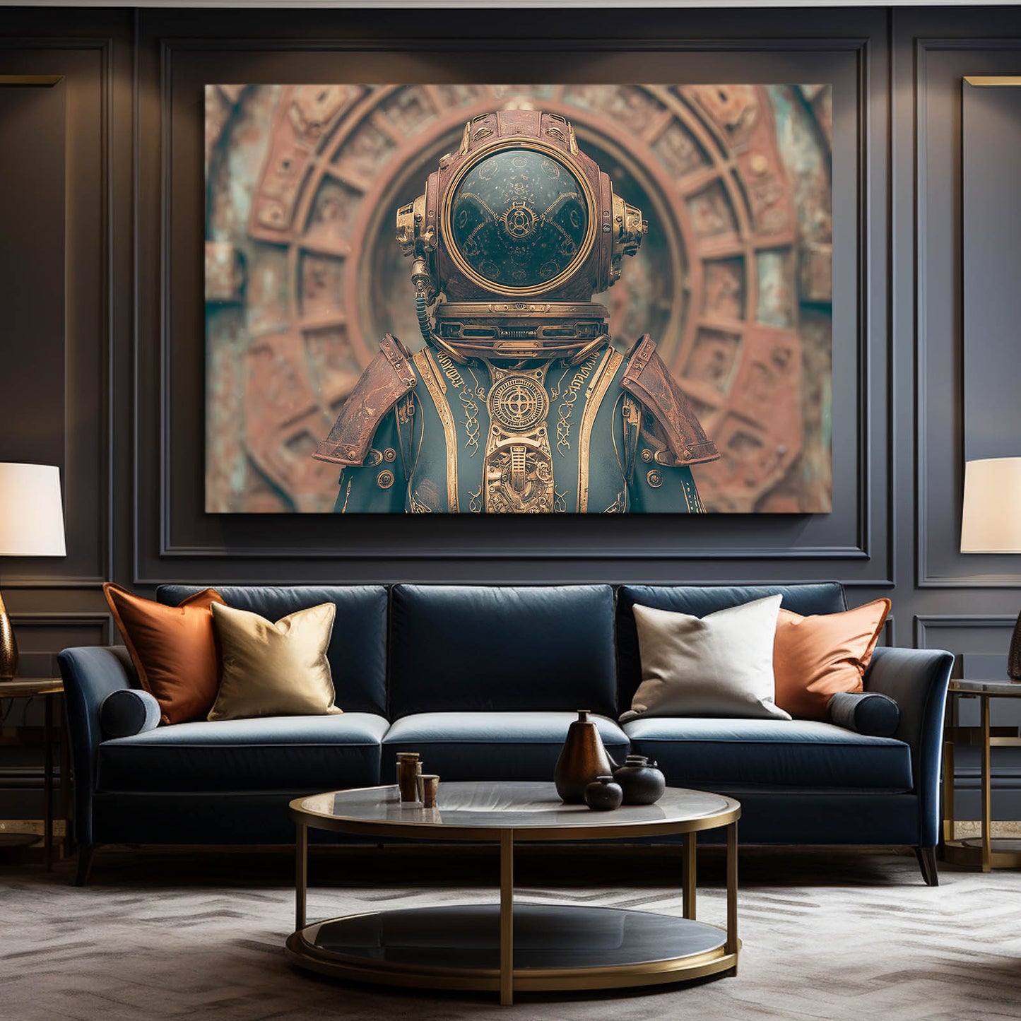 Teal Diving Helmet Steampunk Wall Decor – styled in a furnished interior