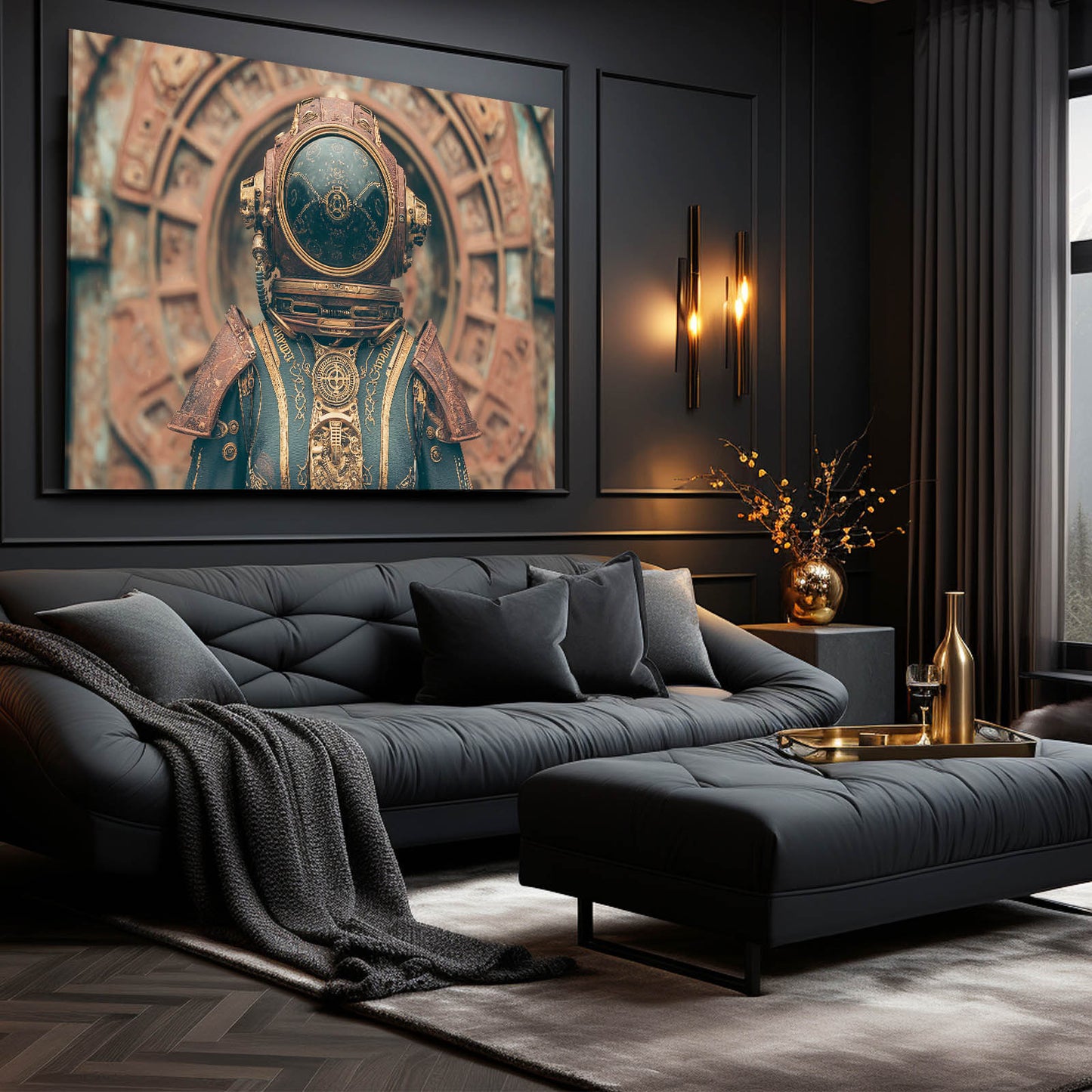 Teal Diving Helmet Steampunk Wall Decor – styled in a furnished interior