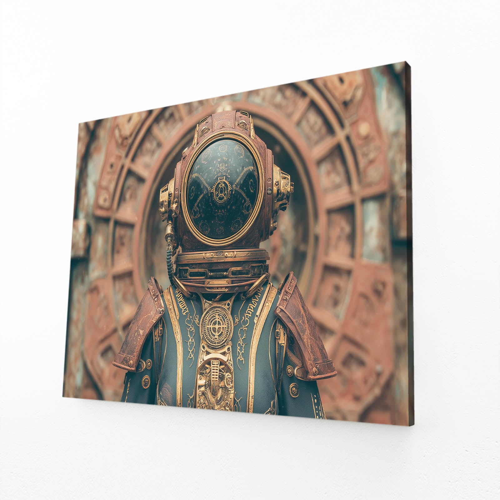 Teal Diving Helmet Steampunk Wall Decor – angled canvas view on white background