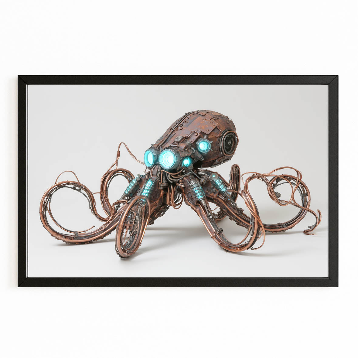 Teal-Eyed Brass Octopus Steampunk Art – with Premium Black frame on white background