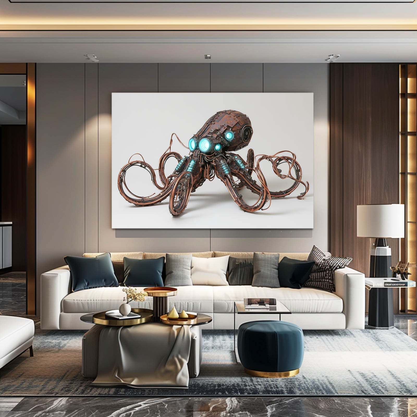 Teal-Eyed Brass Octopus Steampunk Art – styled in a furnished interior