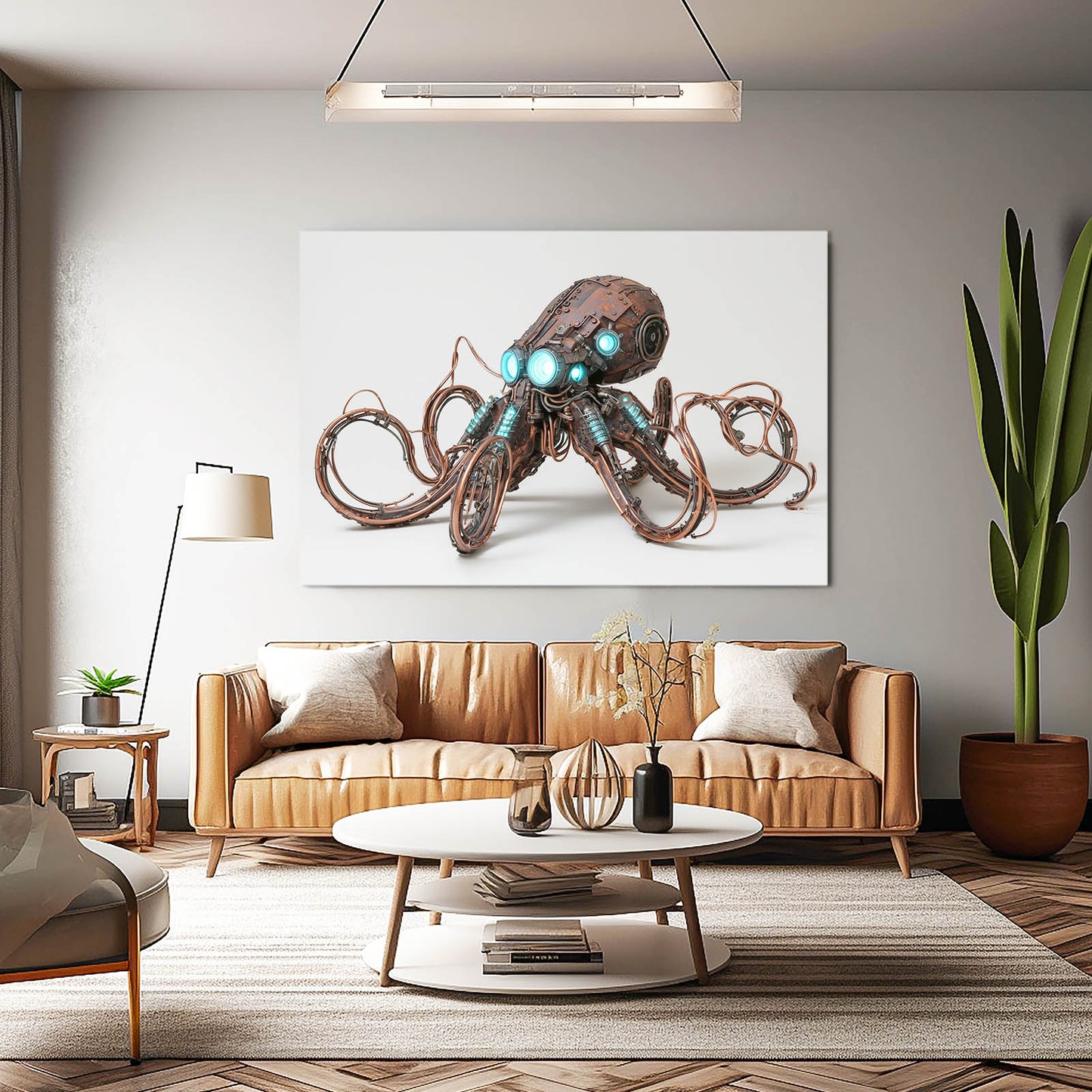 Teal-Eyed Brass Octopus Steampunk Art – styled in a furnished interior