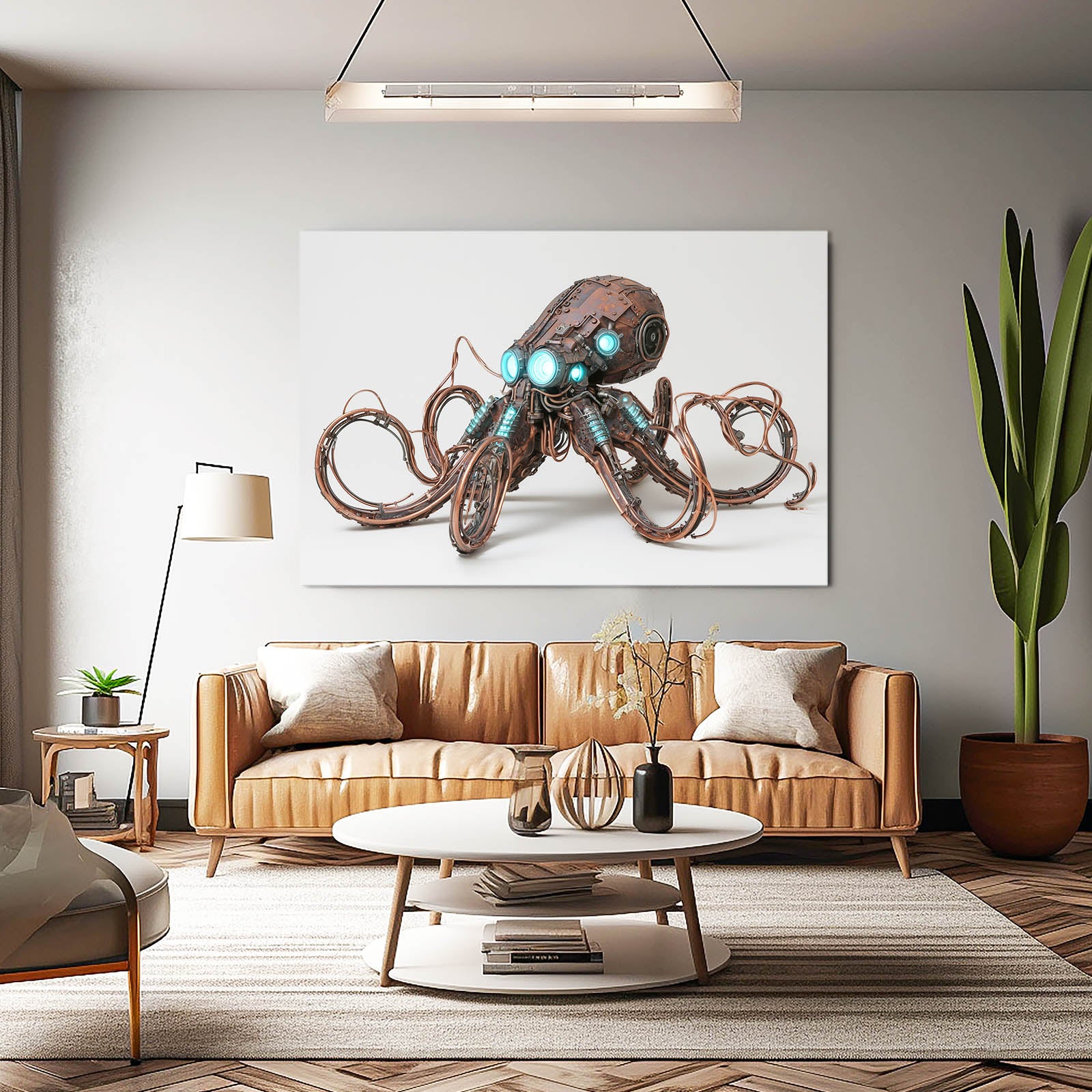 Teal-Eyed Brass Octopus Steampunk Art – styled in a furnished interior