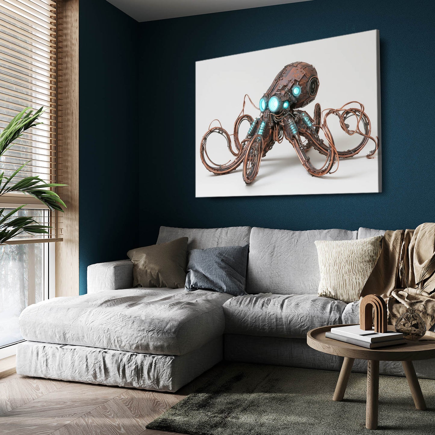 Teal-Eyed Brass Octopus Steampunk Art – styled in a furnished interior