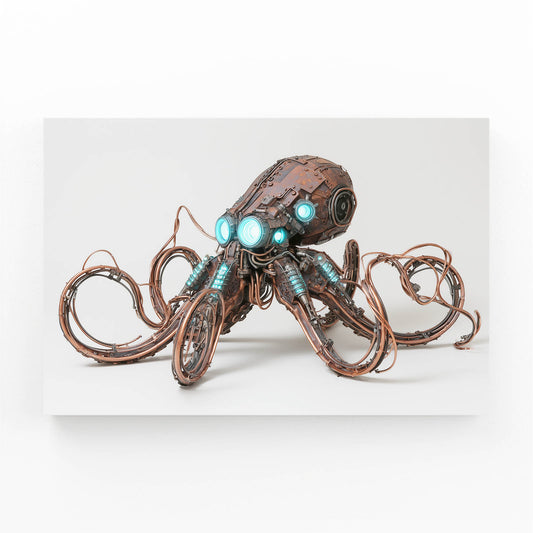 Teal-Eyed Brass Octopus Steampunk Art – angled canvas view on white background