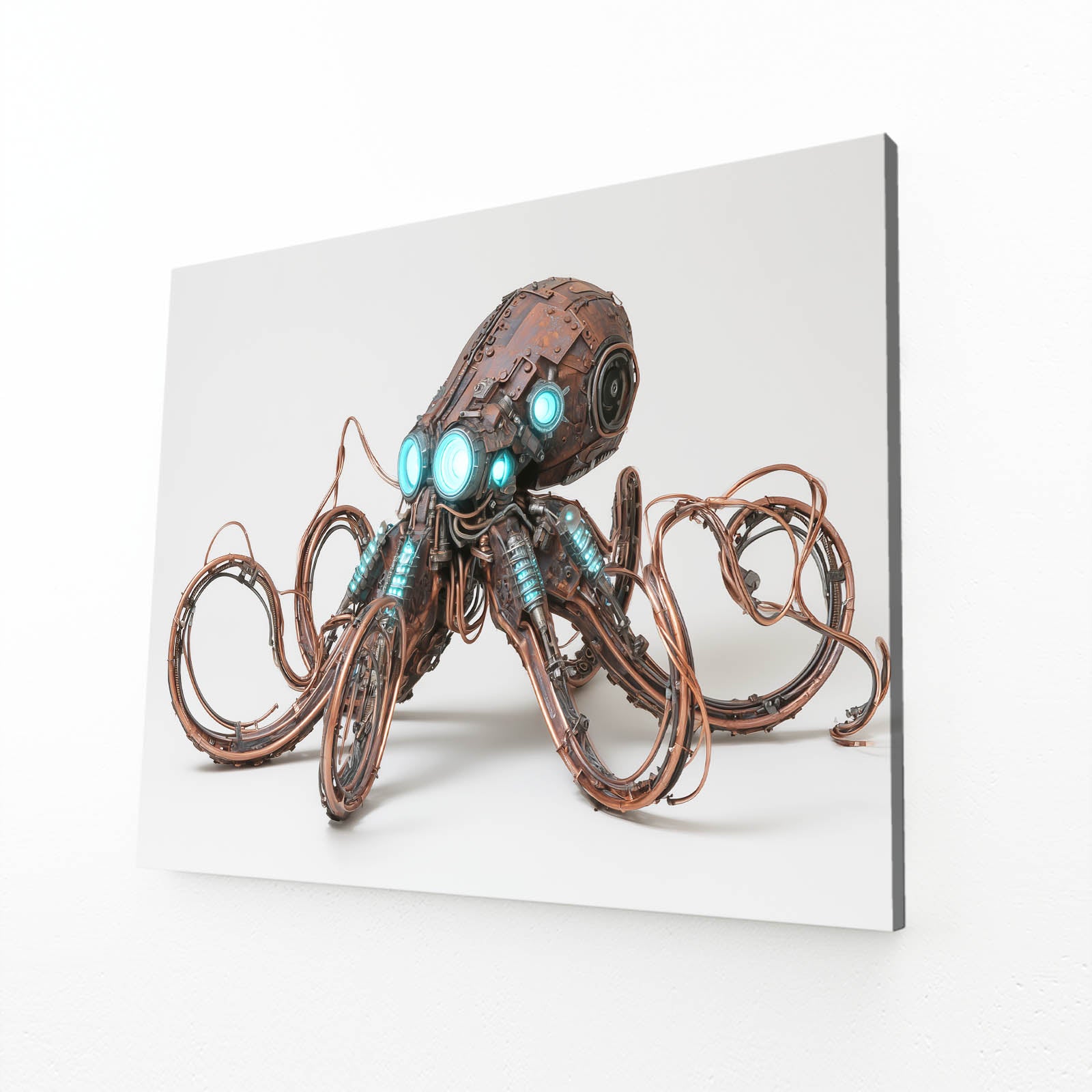 Teal-Eyed Brass Octopus Steampunk Art – canvas print on white background
