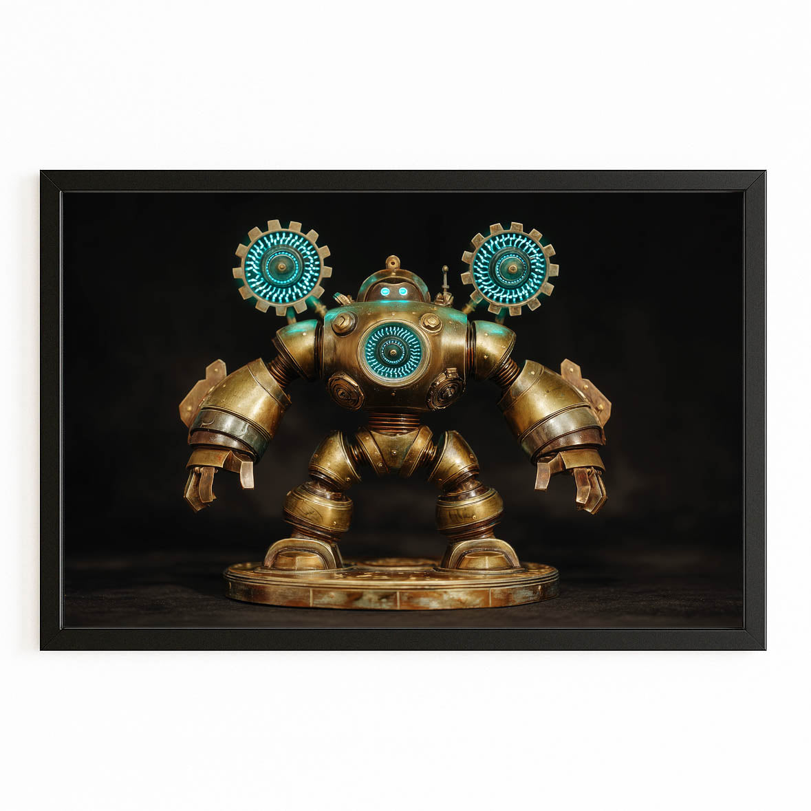 Teal-Eyed Brass Robot Steampunk Prints – with Premium Black frame on white background