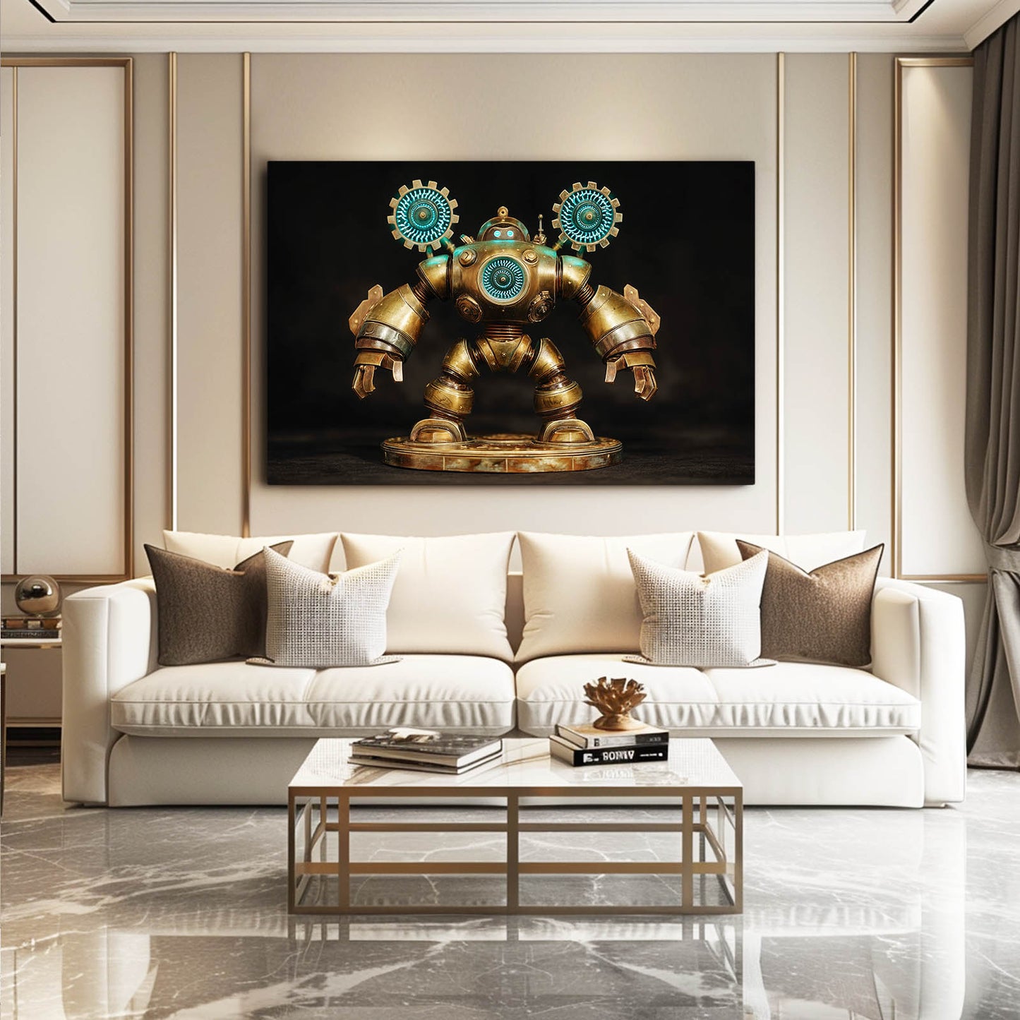 Teal-Eyed Brass Robot Steampunk Prints – styled in a furnished interior