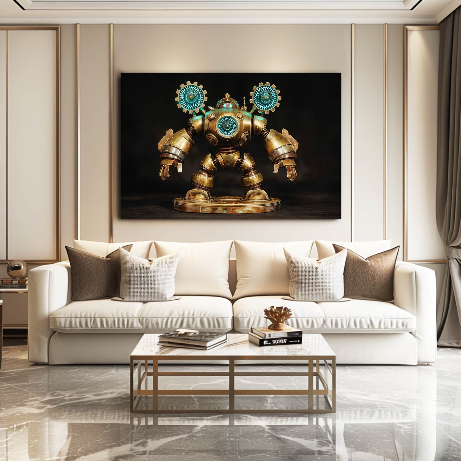 Teal-Eyed Brass Robot Steampunk Prints – styled in a furnished interior