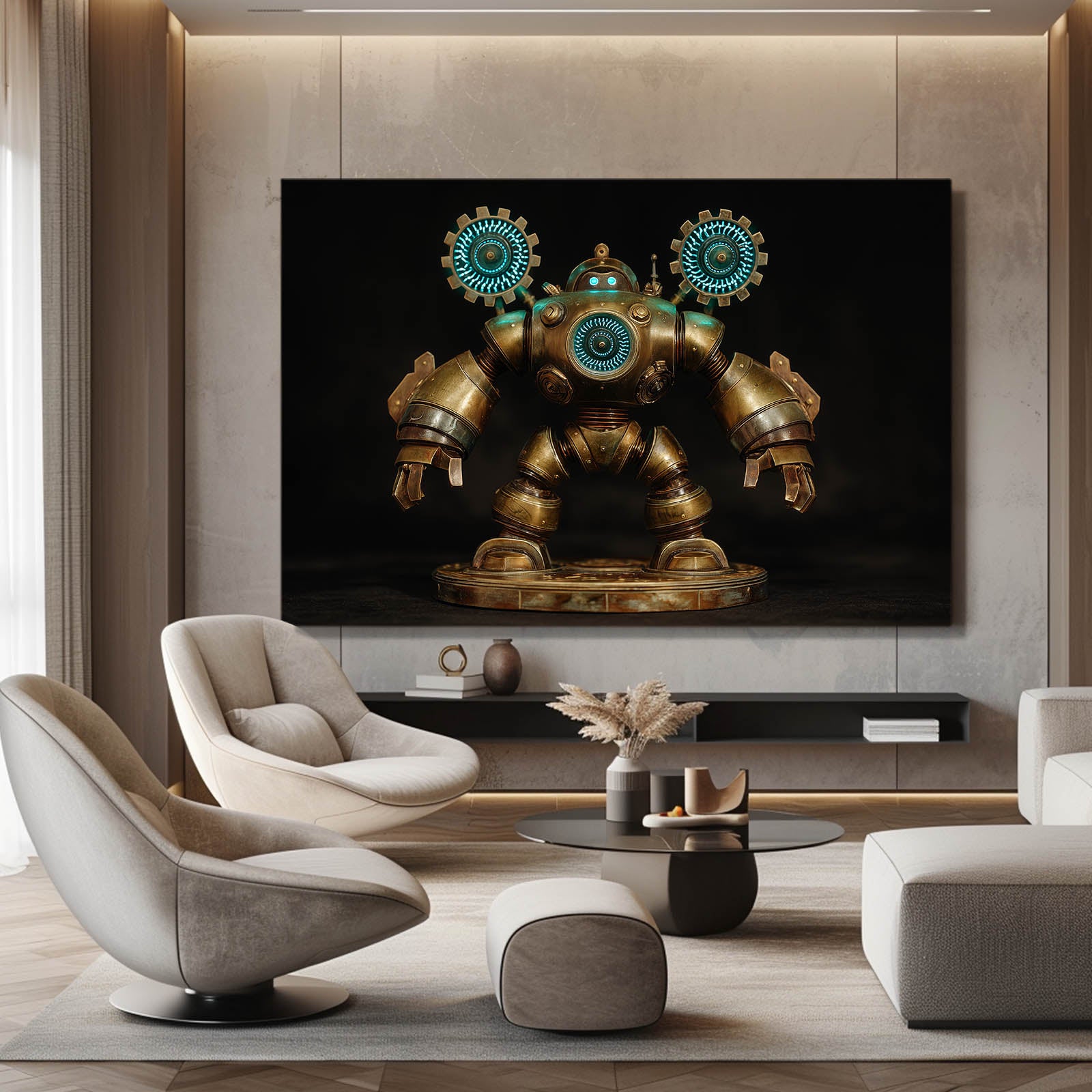 Teal-Eyed Brass Robot Steampunk Prints – styled in a furnished interior