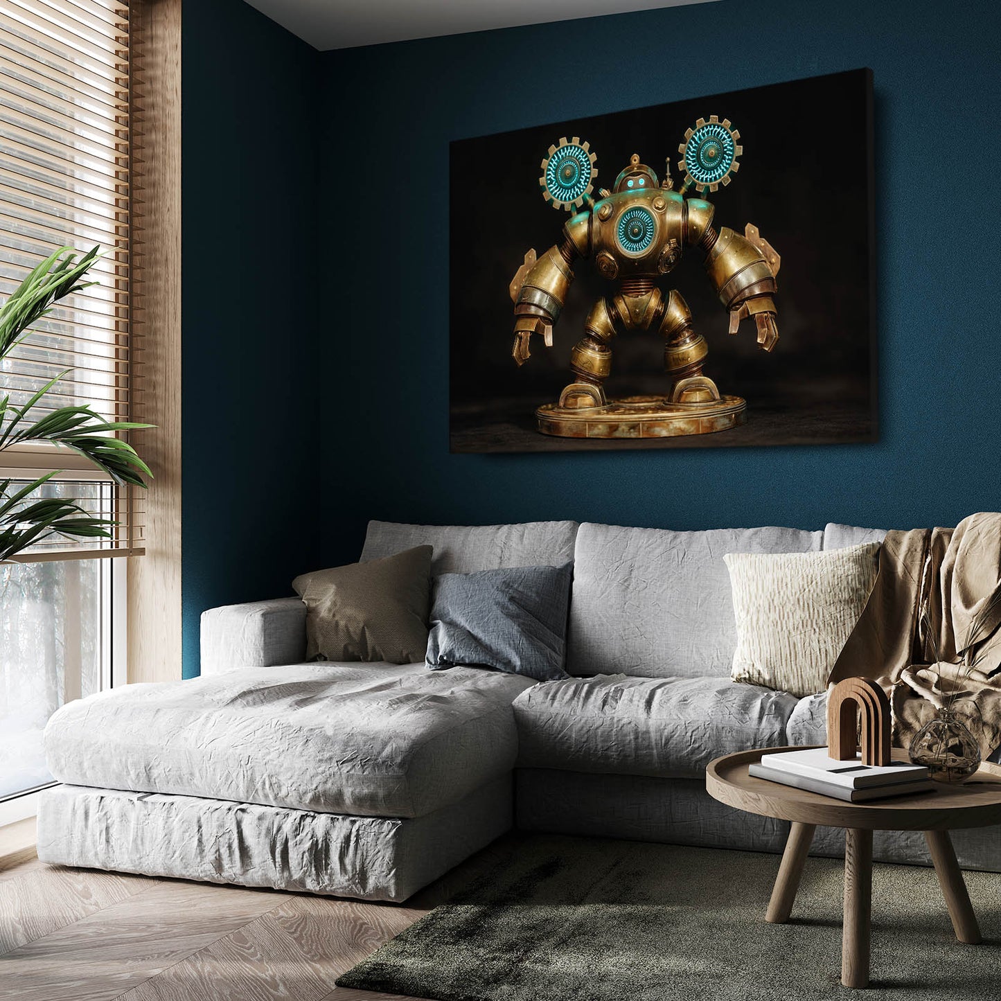 Teal-Eyed Brass Robot Steampunk Prints – styled in a furnished interior