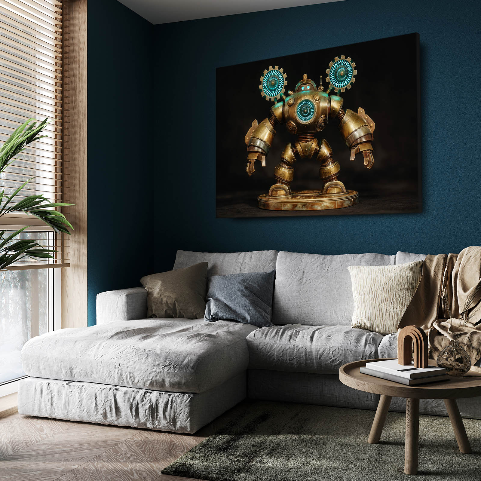 Teal-Eyed Brass Robot Steampunk Prints – styled in a furnished interior