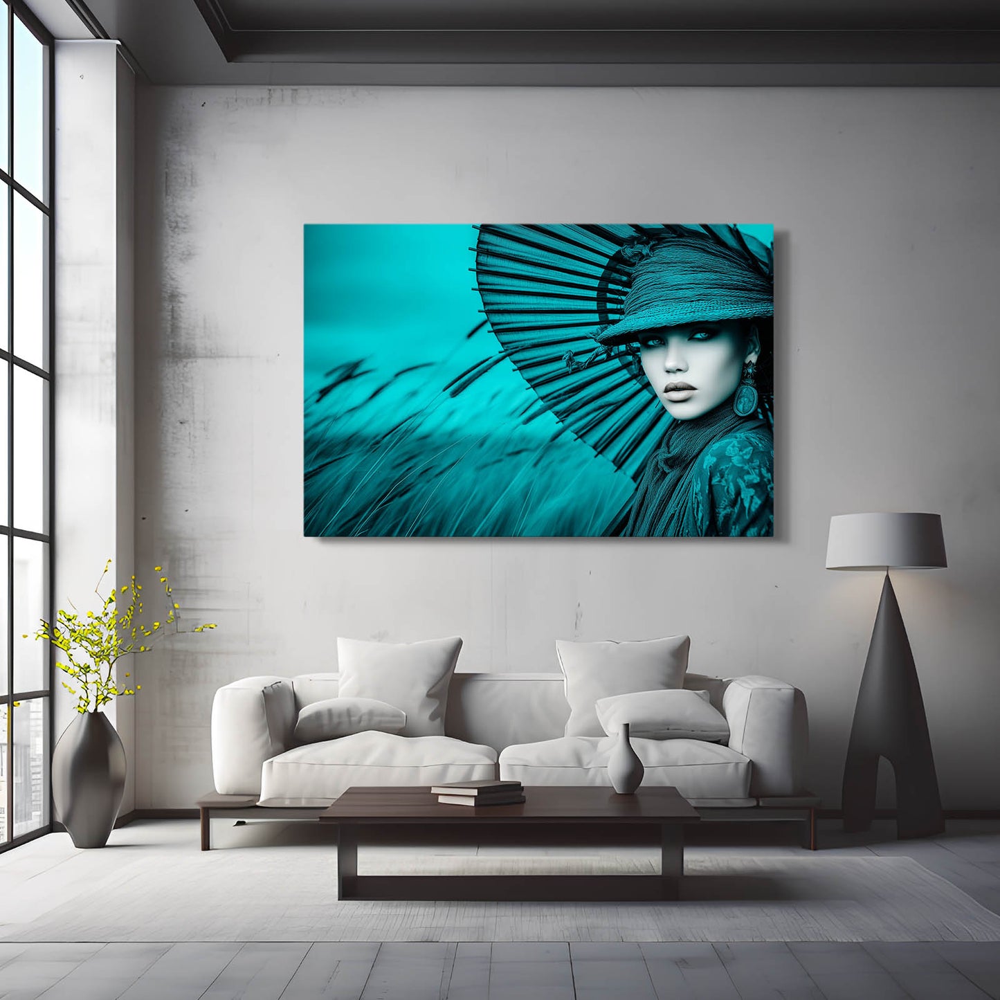 Teal Feather Headdress Photography Art – styled in a furnished interior
