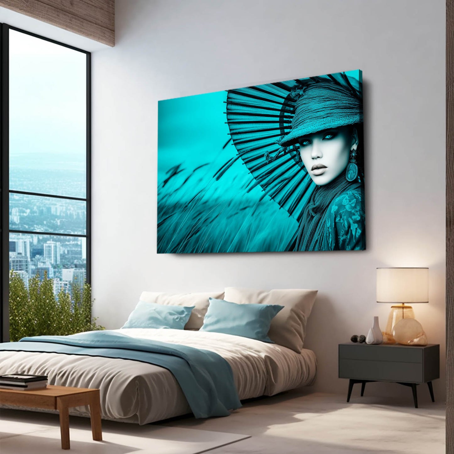 Teal Feather Headdress Photography Art – styled in a furnished interior