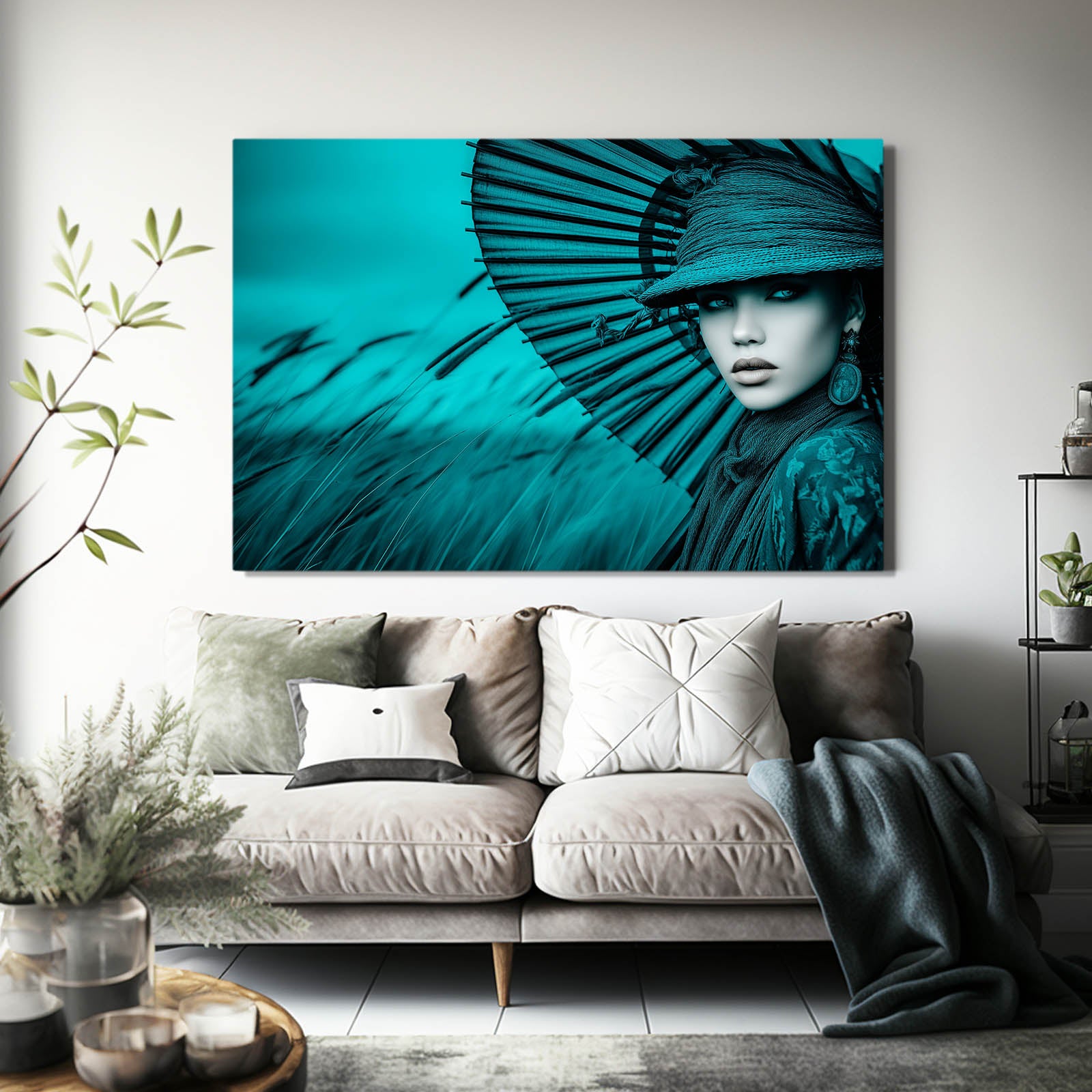 Teal Feather Headdress Photography Art – styled in a furnished interior