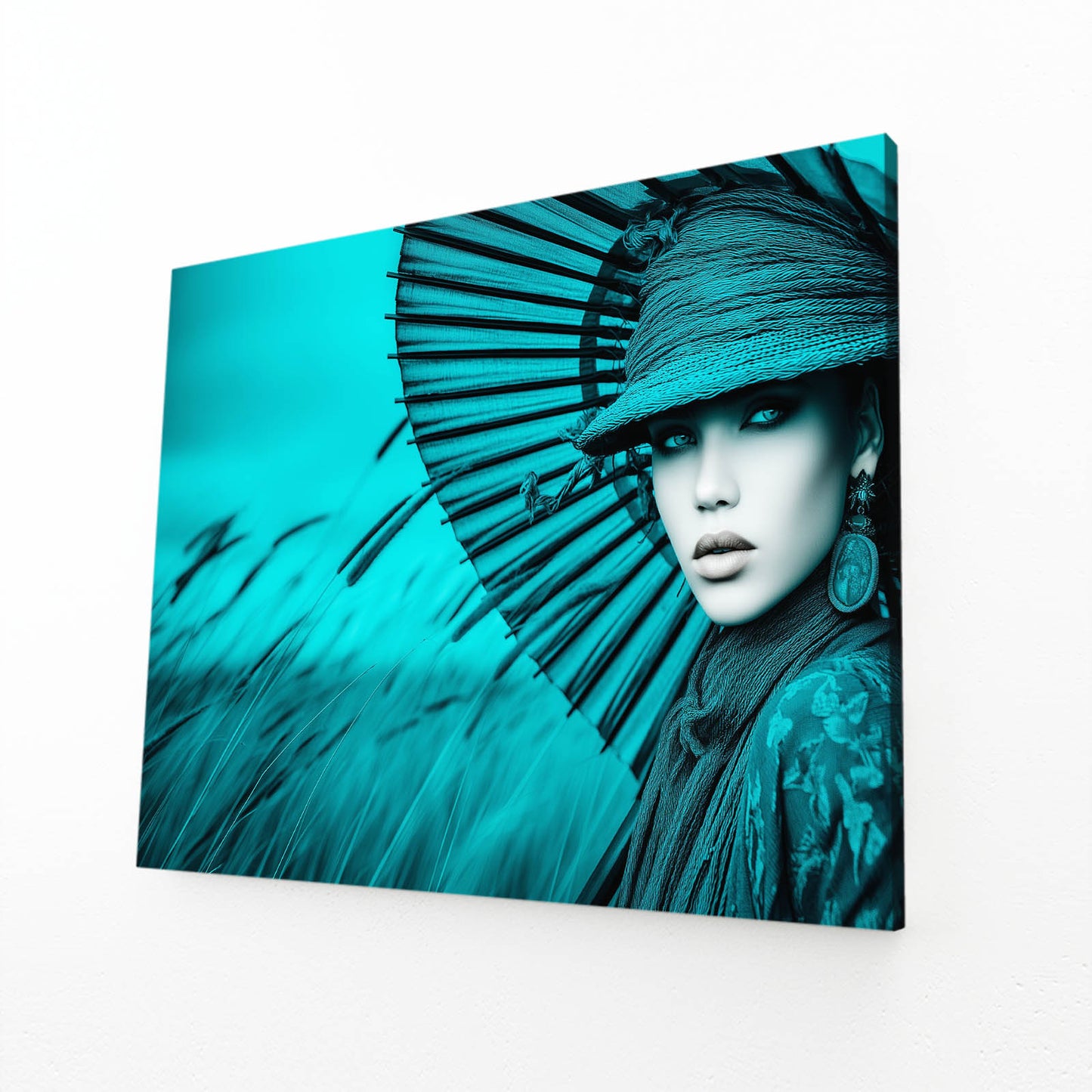 Teal Feather Headdress Photography Art – angled canvas view on white background
