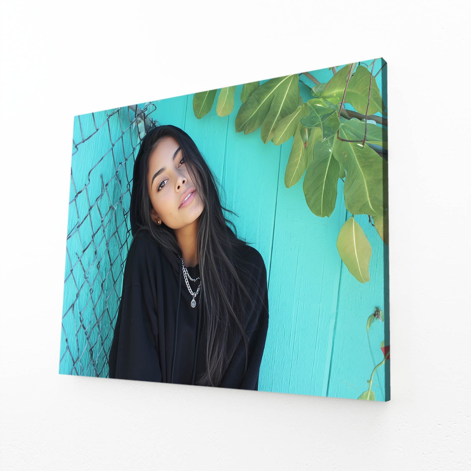 Teal Fence Portrait Photography Prints – angled canvas view on white background