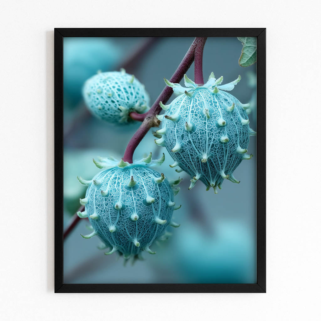 Teal Fruit Buds Prints – with Premium Black frame on white background