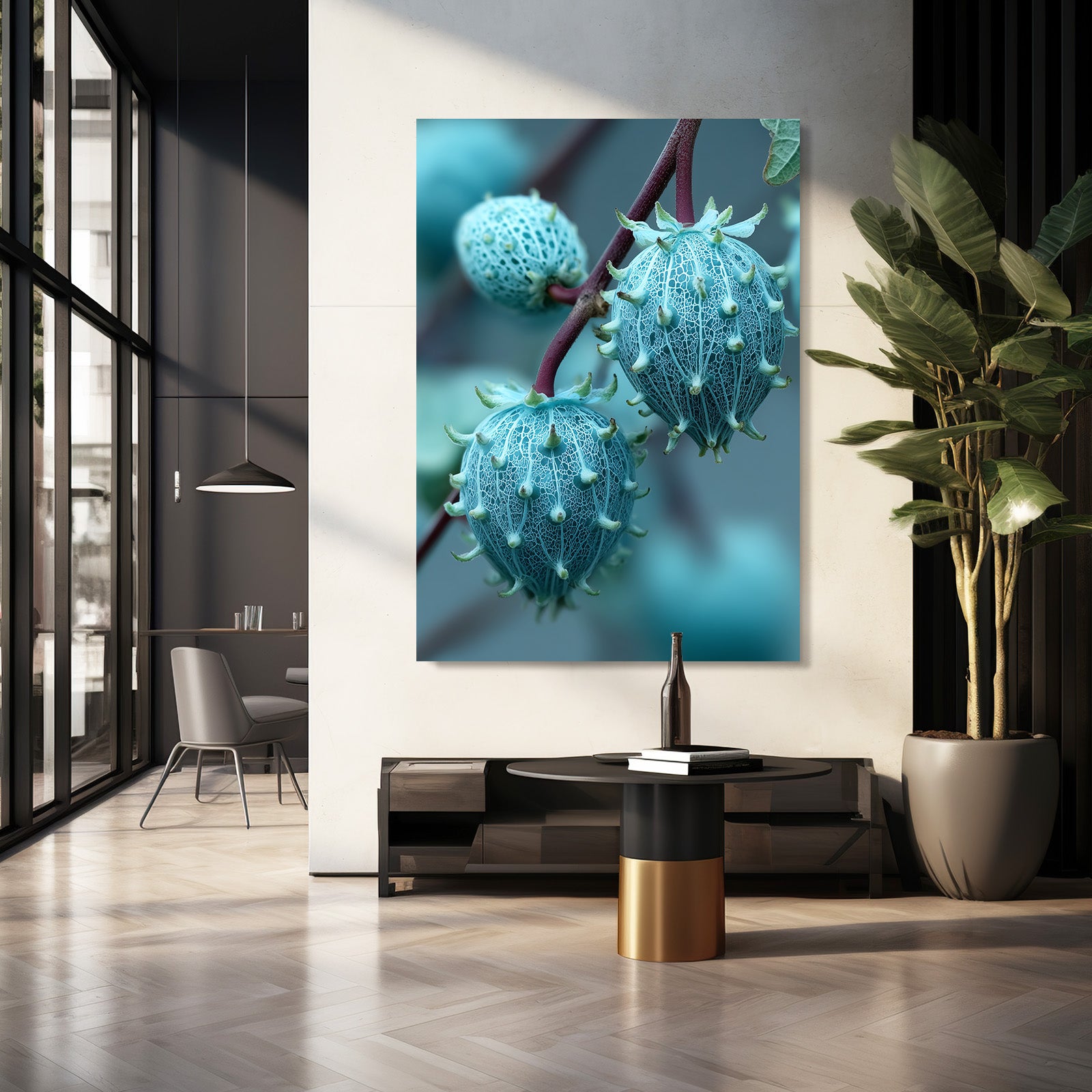 Teal Fruit Buds Prints – styled in a furnished interior