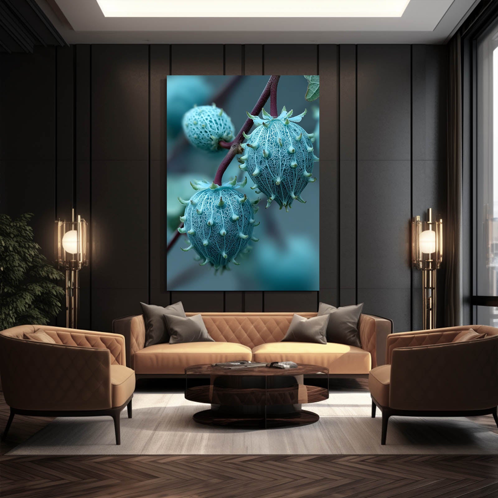 Teal Fruit Buds Prints – styled in a furnished interior