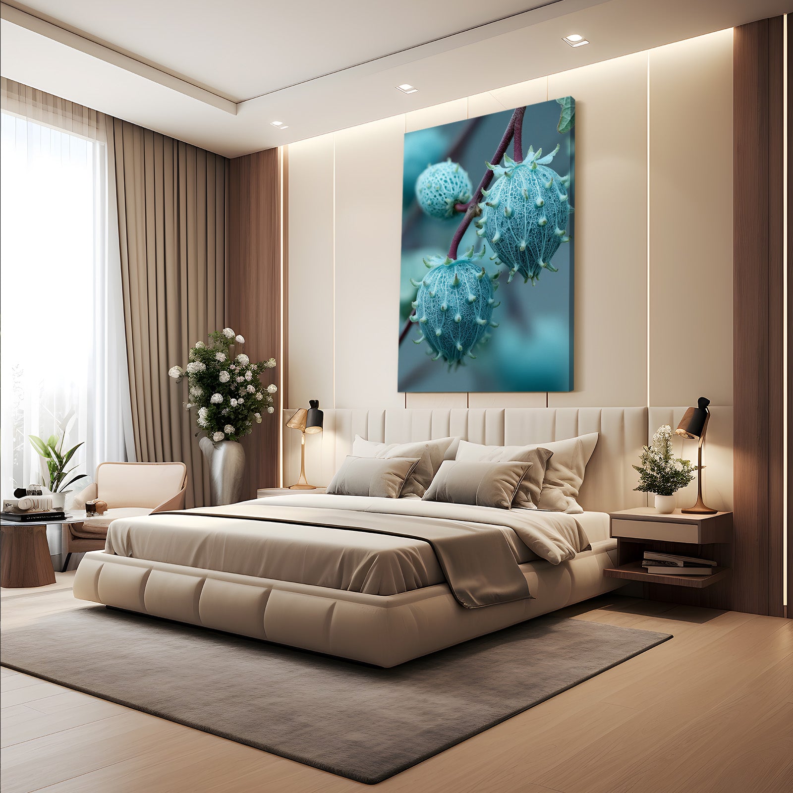 Teal Fruit Buds Prints – styled in a furnished interior