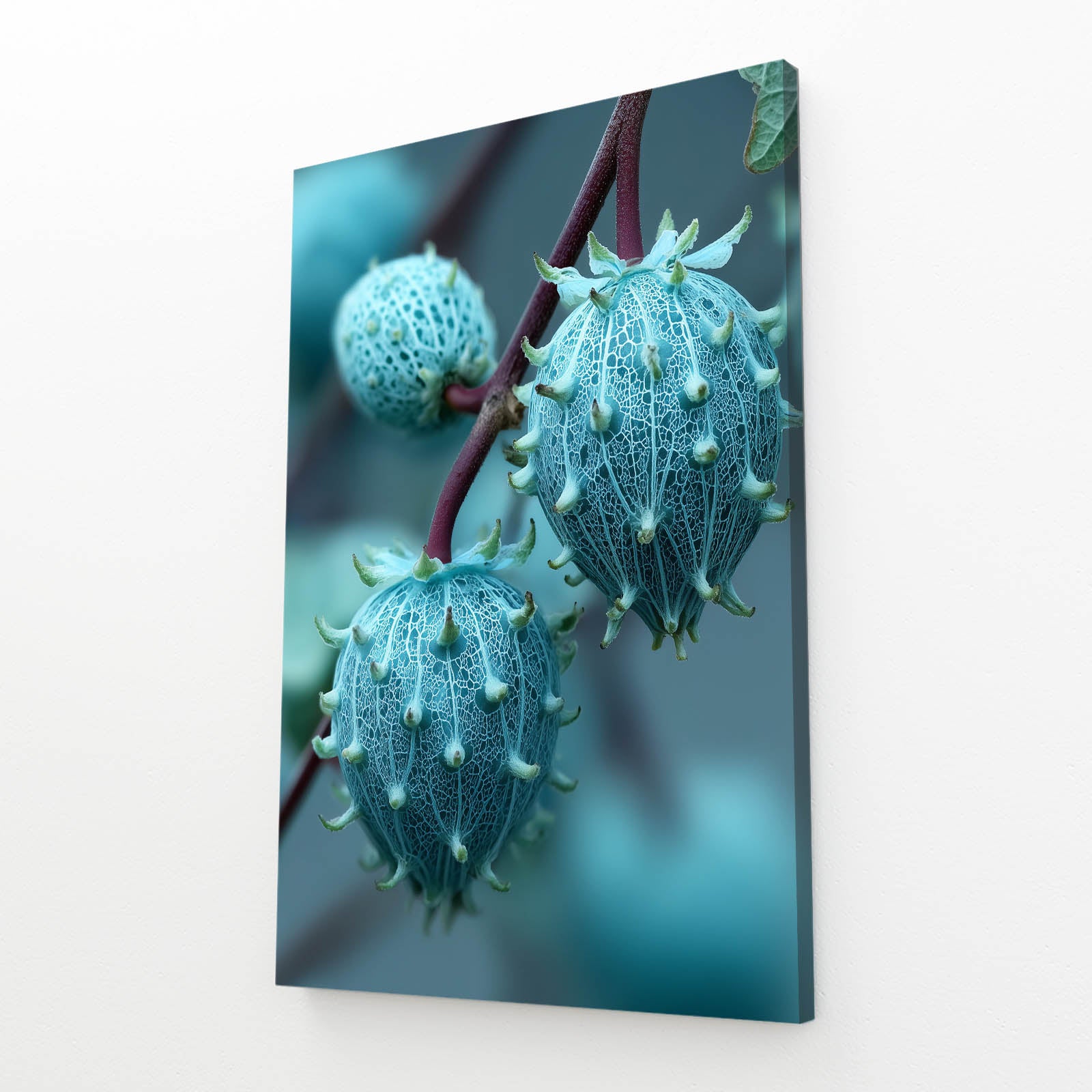 Teal Fruit Buds Prints – angled canvas view on white background