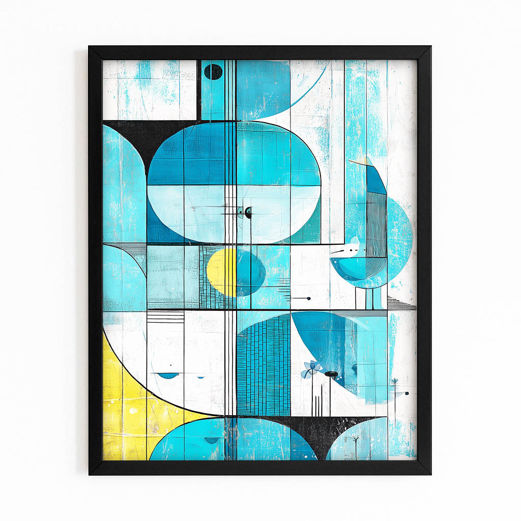 Teal Geometric Barn Abstract Farmhouse Wall Decor – with Premium Black frame on white background