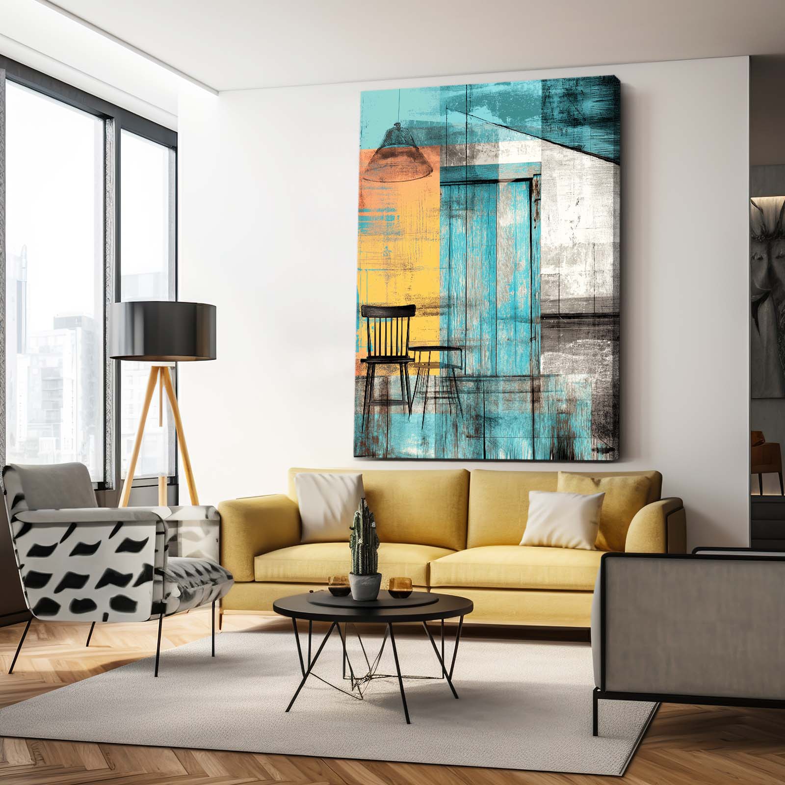 Teal Gold Farmhouse Farmhouse Canvas – styled in a furnished interior