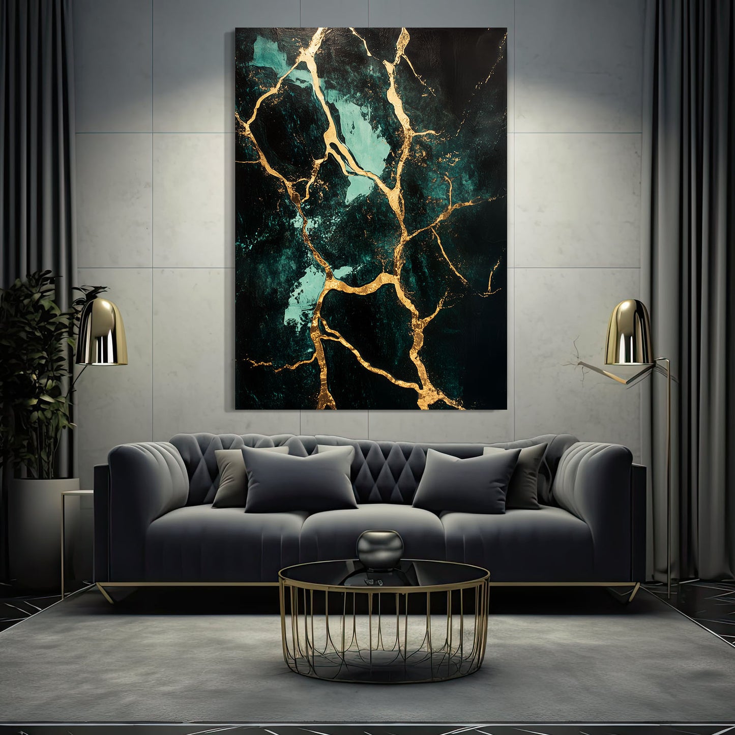 Teal Gold Marble Abstract Art – styled in a furnished interior