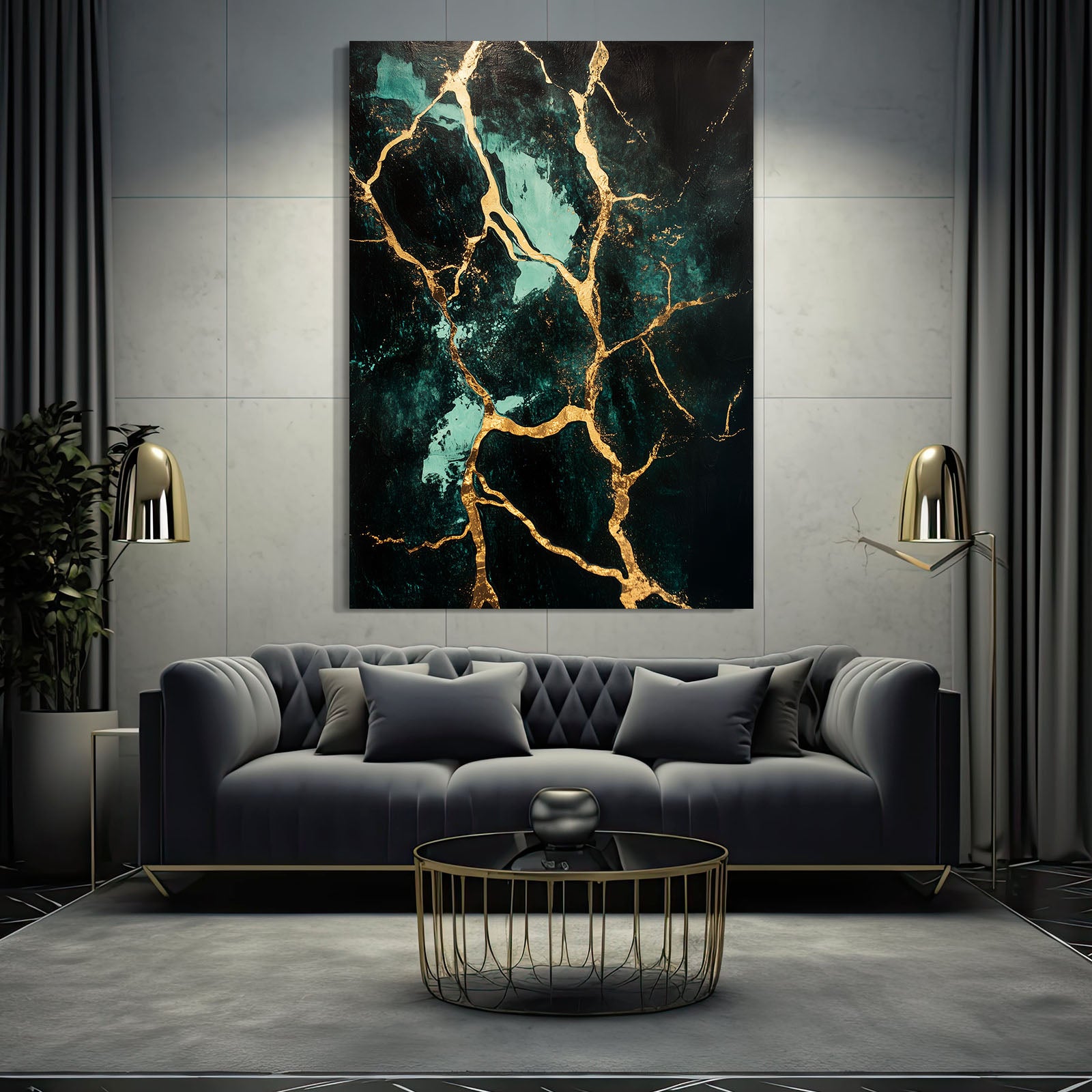 Teal Gold Marble Abstract Art – styled in a furnished interior