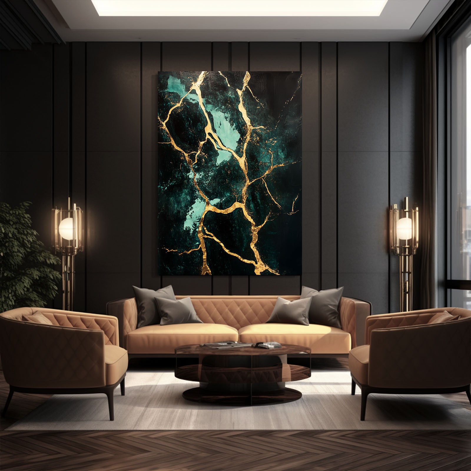 Teal Gold Marble Abstract Art – styled in a furnished interior