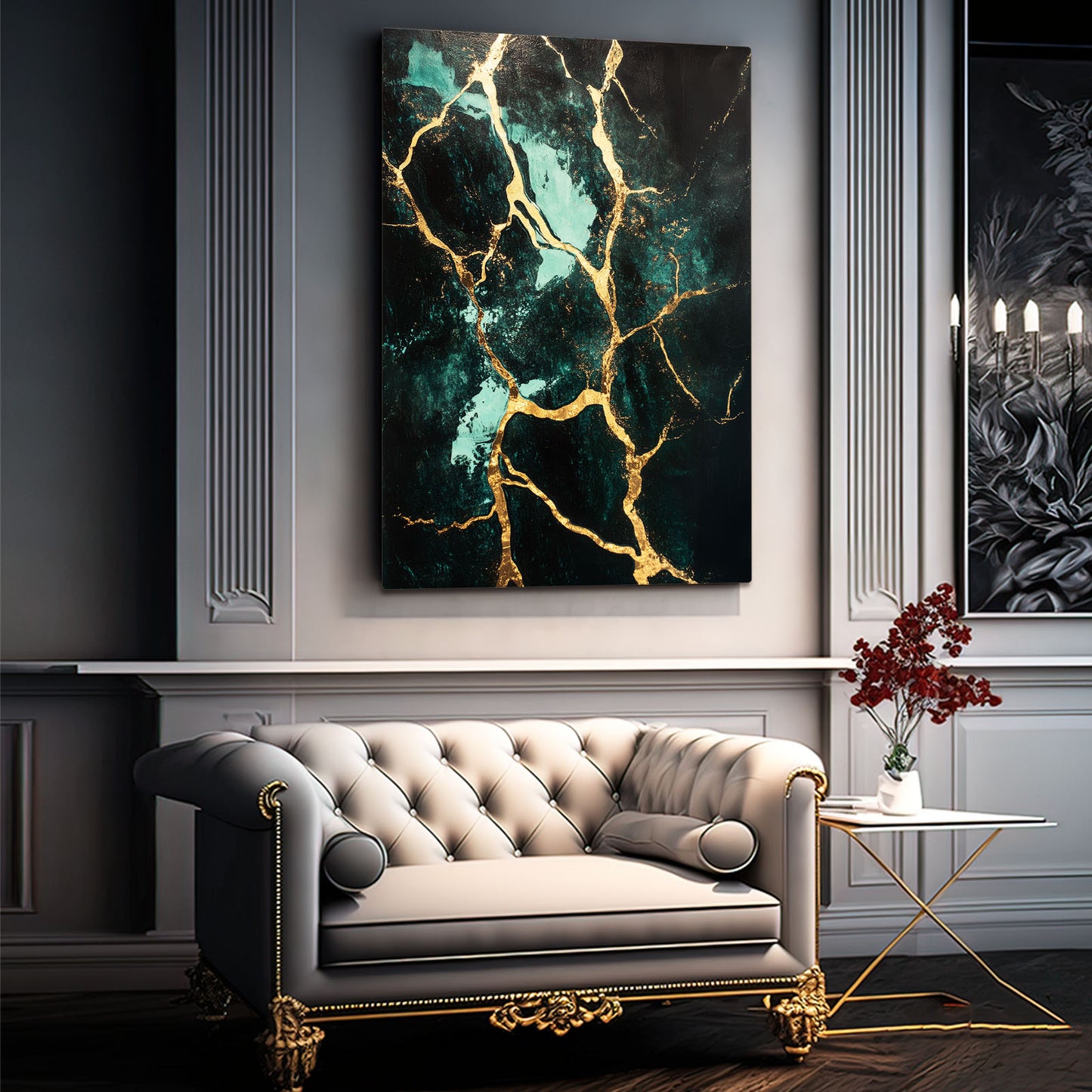 Teal Gold Marble Abstract Art – styled in a furnished interior