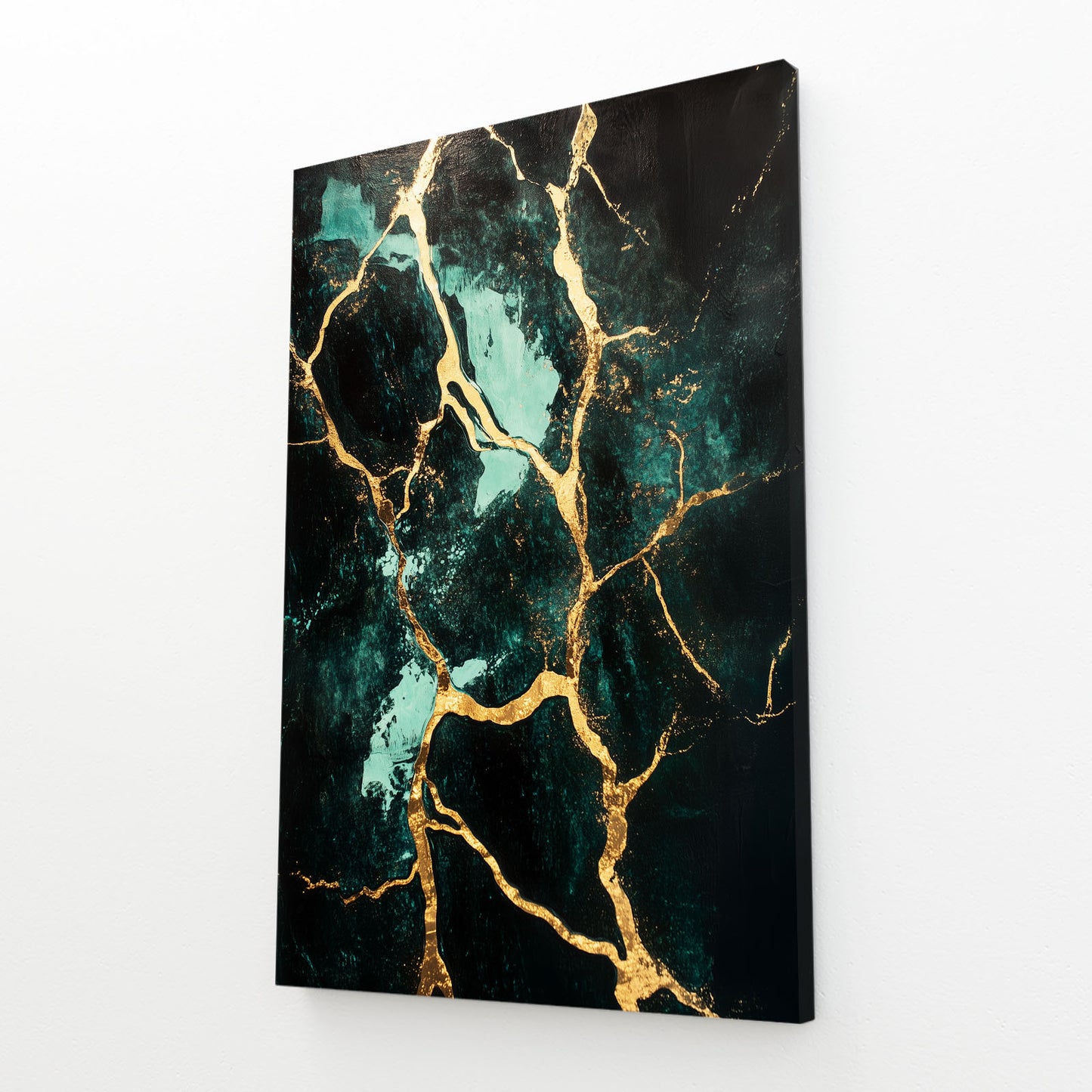 Teal Gold Marble Abstract Art – angled canvas view on white background