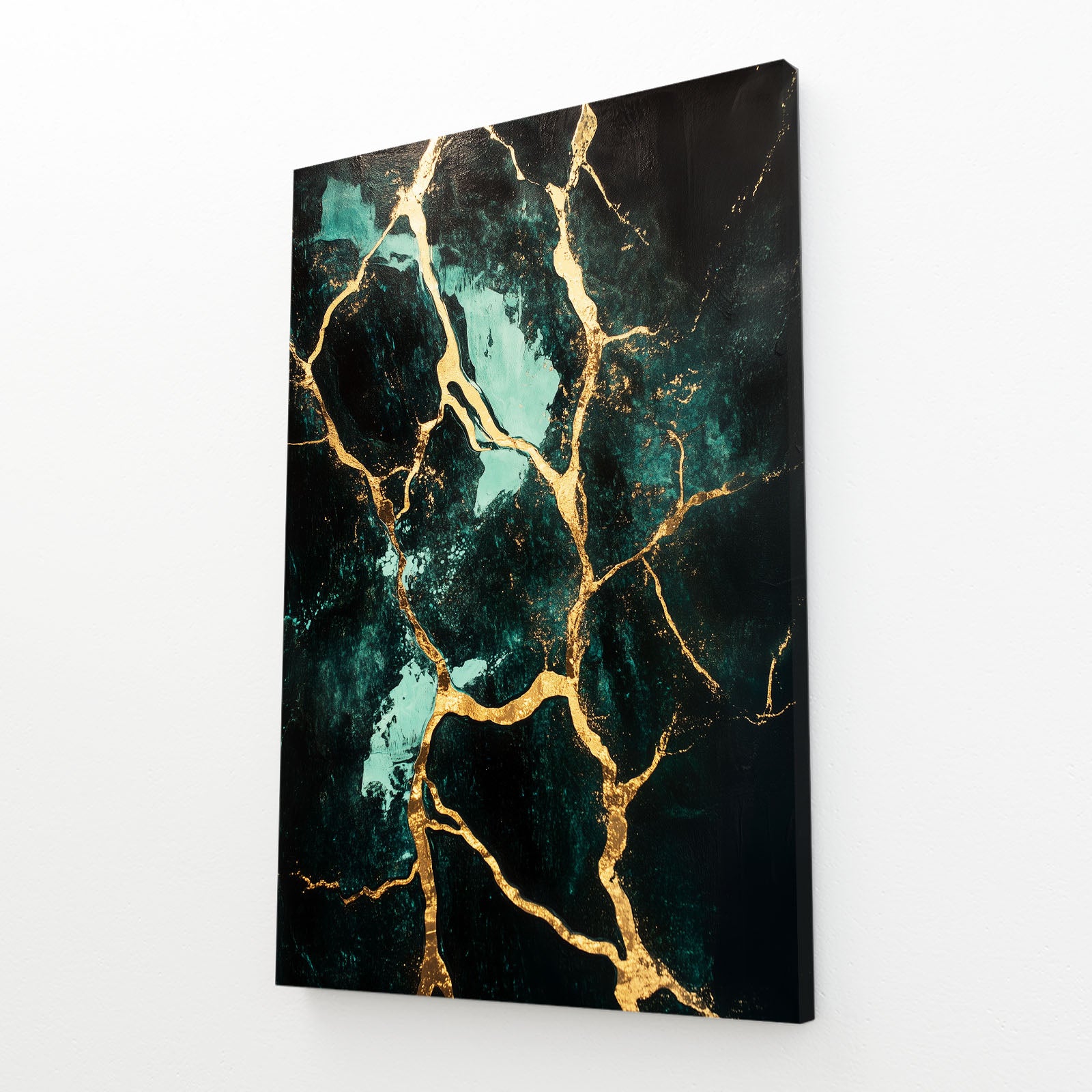Teal Gold Marble Abstract Art – angled canvas view on white background