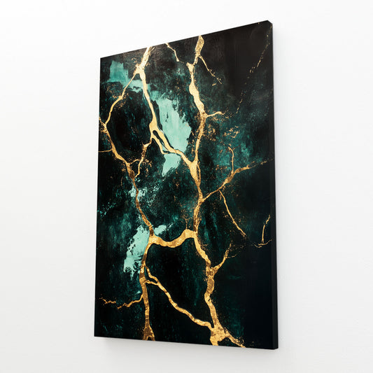 Teal Gold Marble Abstract Art – angled canvas view on white background