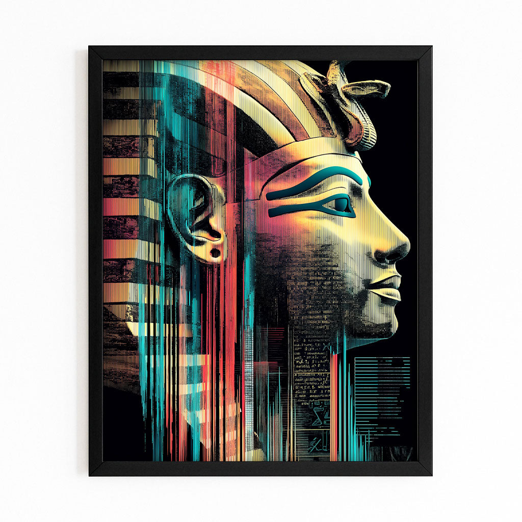 Teal Gold Pharaoh Profile Egyptian Wall Decor – with Premium Black frame on white background
